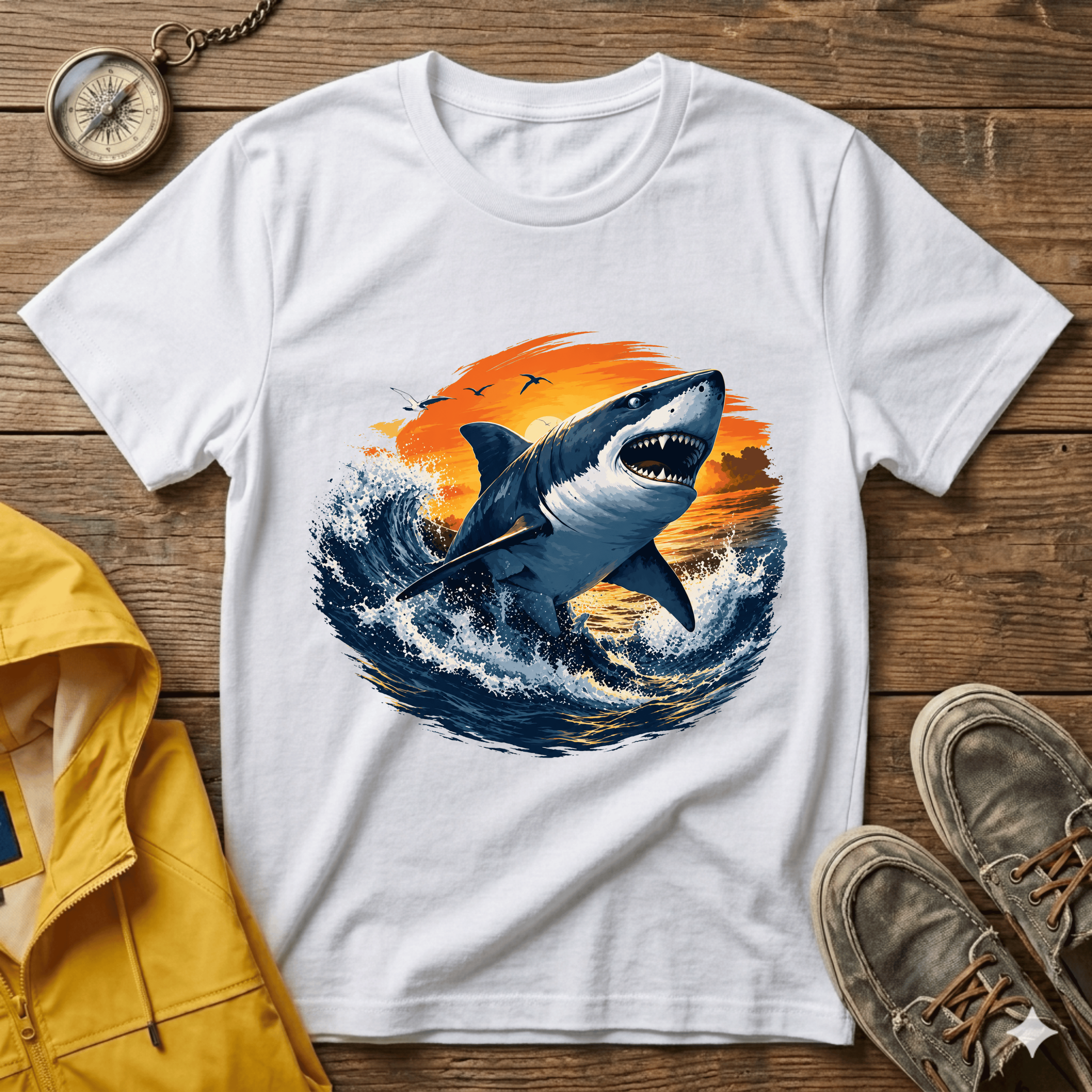 Shark Sunset T-Shirt — Majestic Great White Ocean Graphic Tee