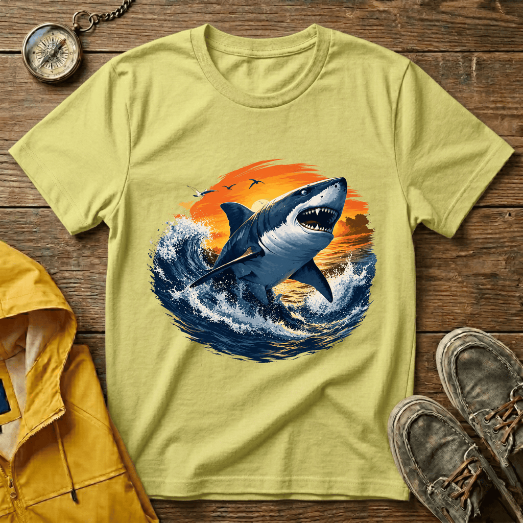 Shark Sunset T-Shirt — Majestic Great White Ocean Graphic Tee