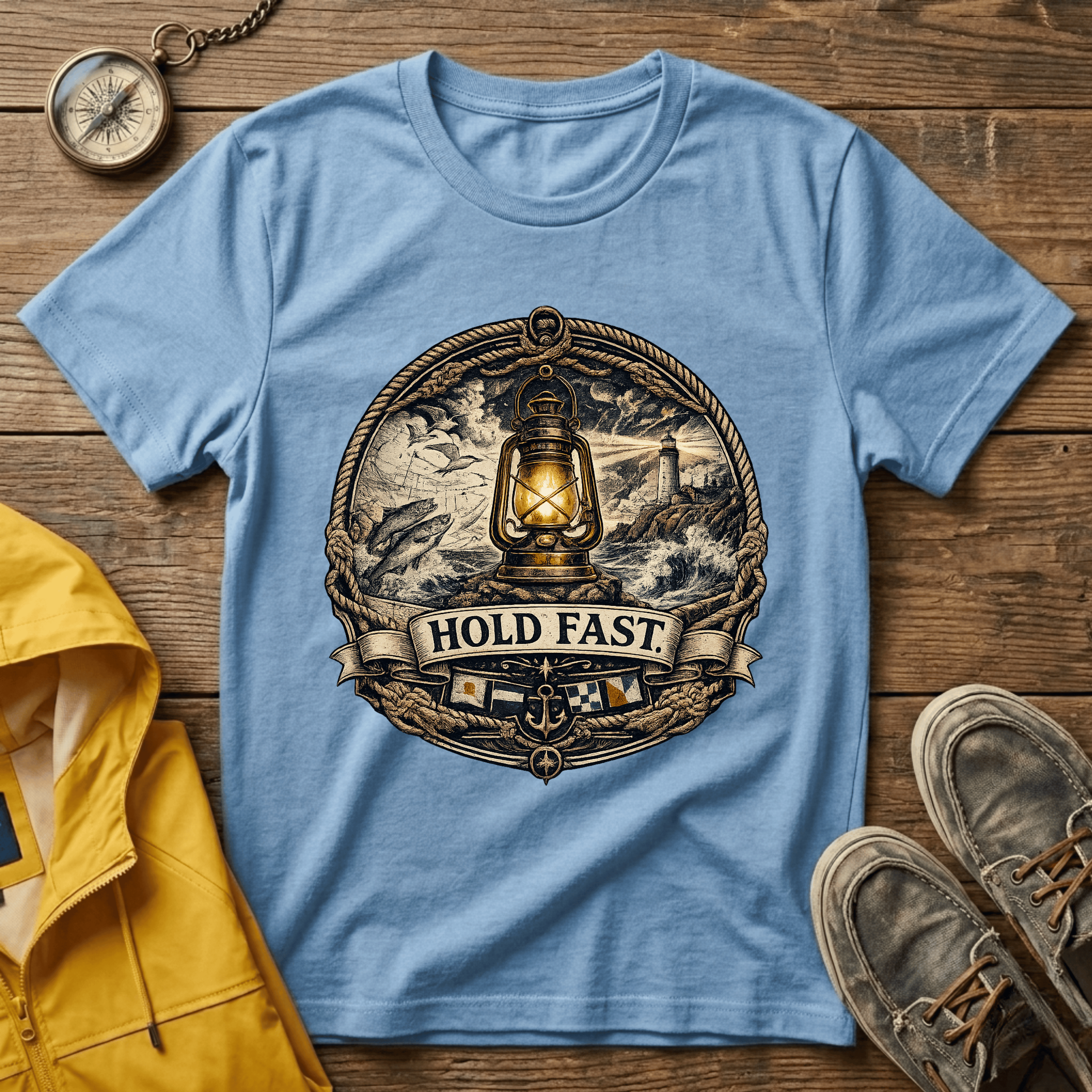 Lantern “Hold Fast” Graphic T‑Shirt — Nautical Vintage Lamp Tee