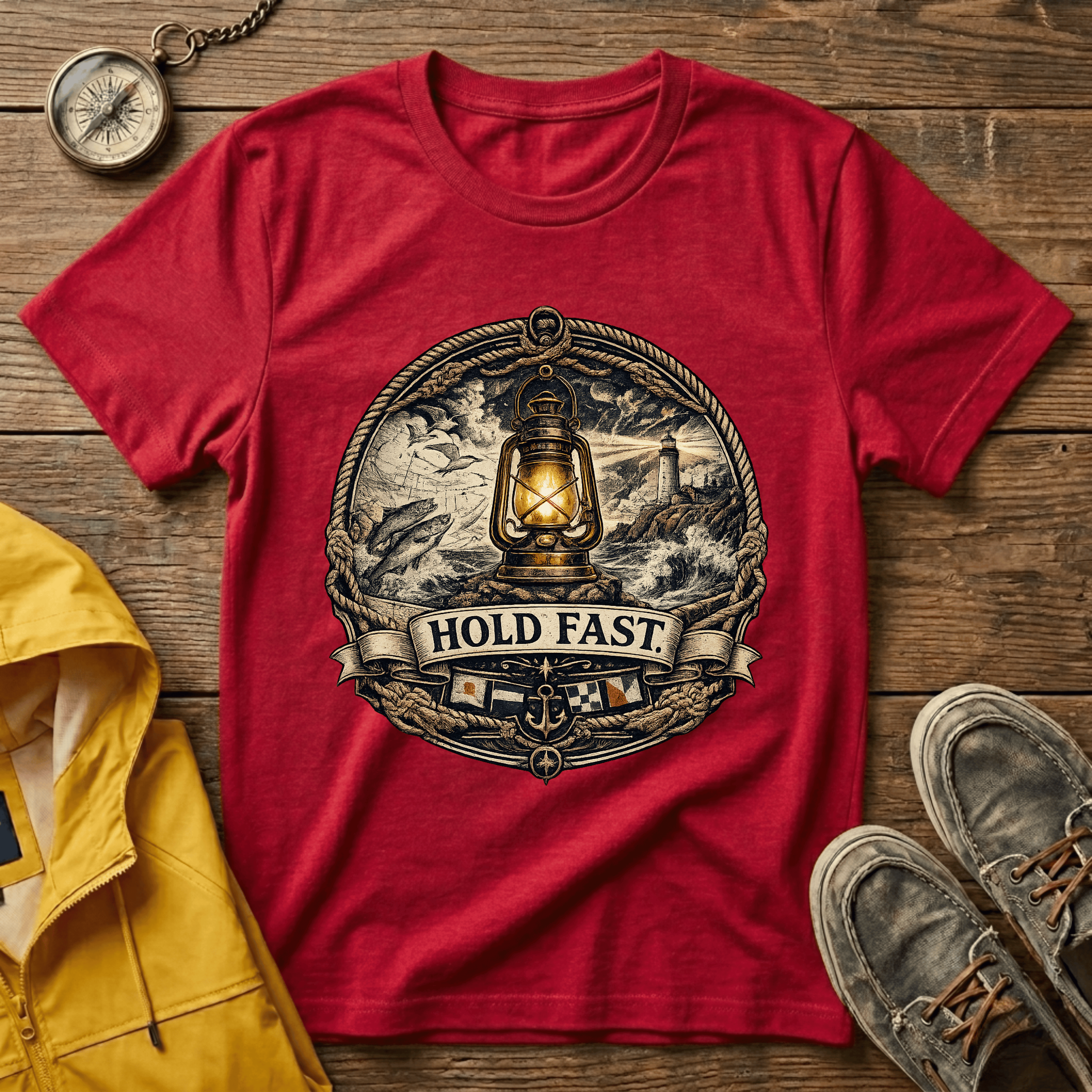 Lantern “Hold Fast” Graphic T‑Shirt — Nautical Vintage Lamp Tee