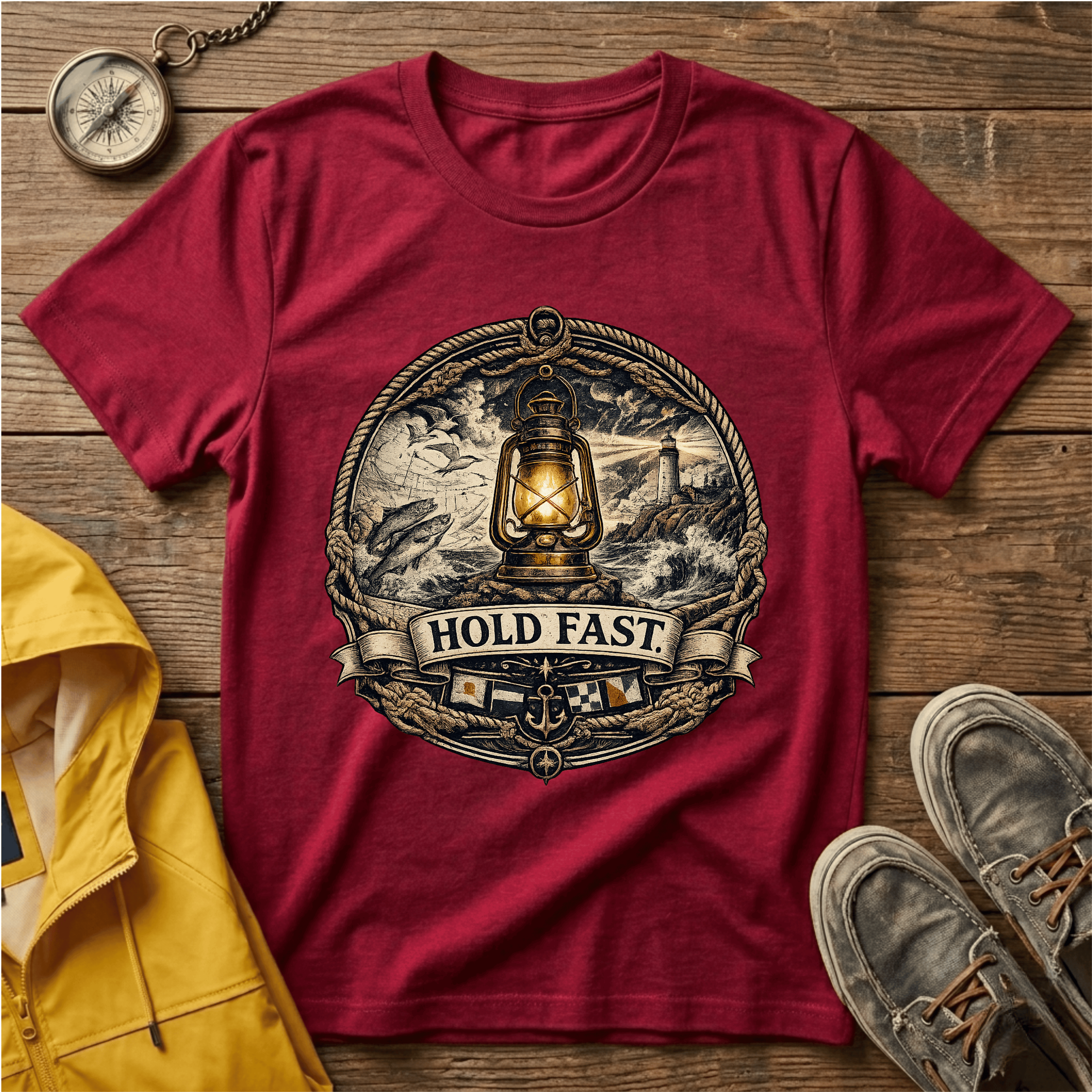 Lantern “Hold Fast” Graphic T‑Shirt — Nautical Vintage Lamp Tee