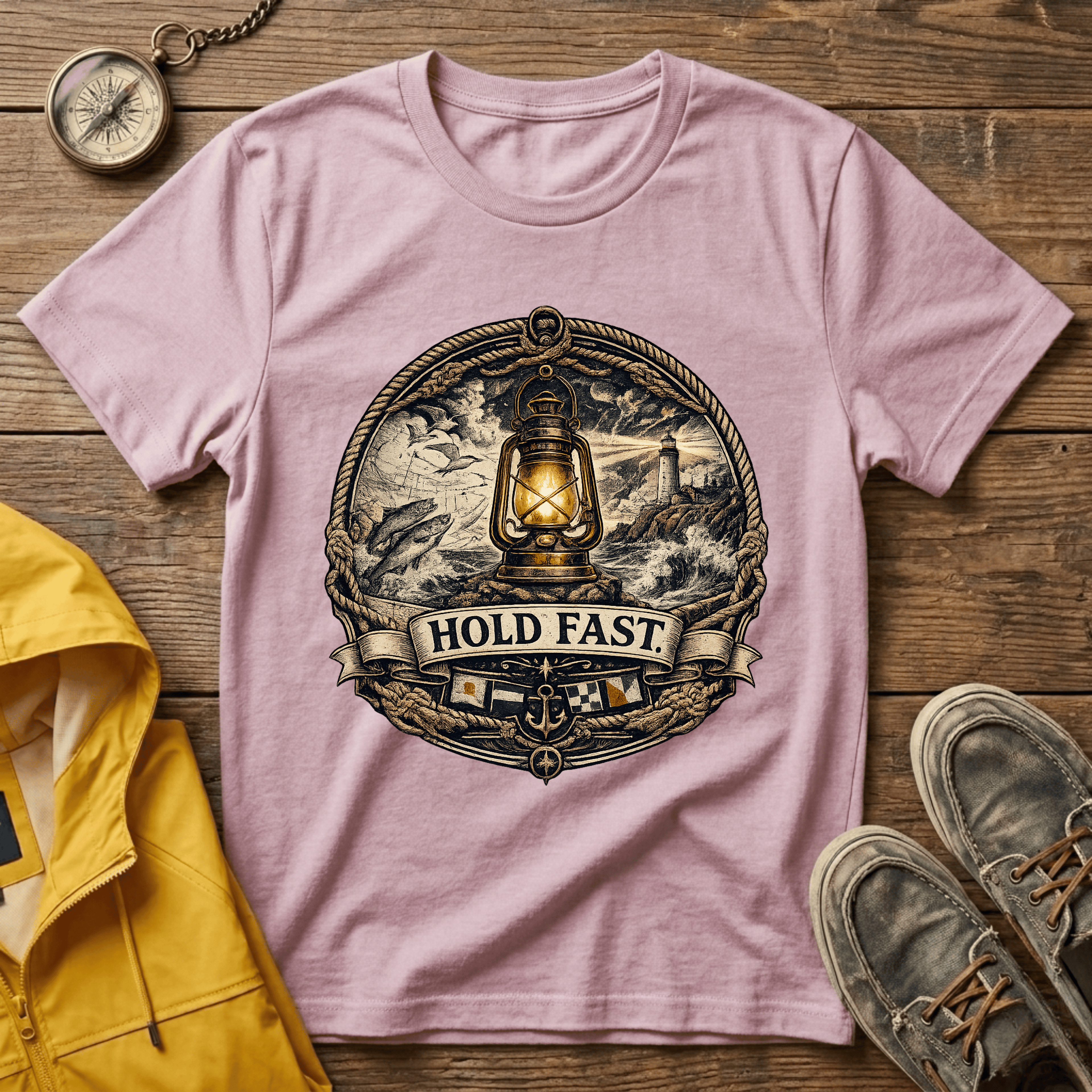Lantern “Hold Fast” Graphic T‑Shirt — Nautical Vintage Lamp Tee