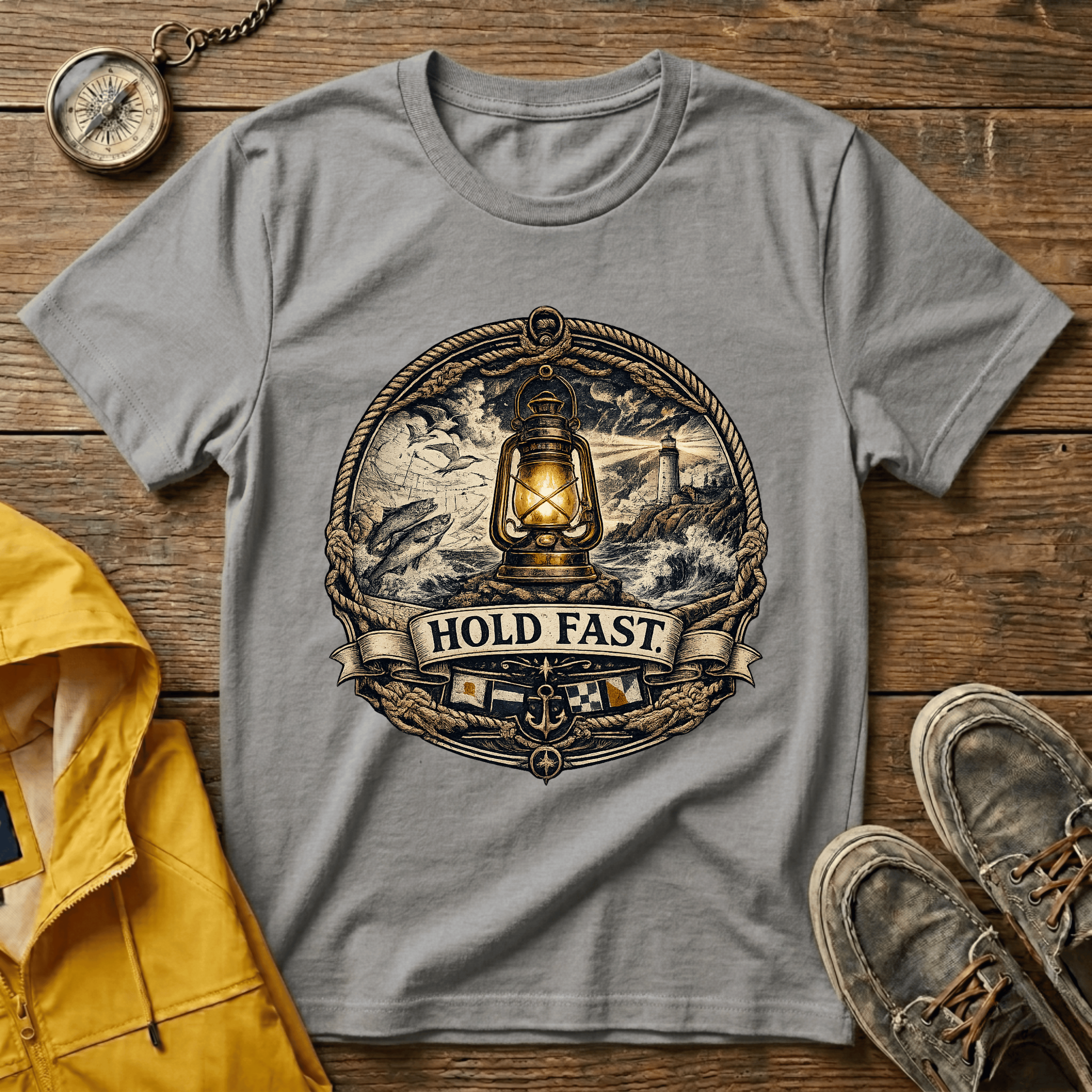 Lantern “Hold Fast” Graphic T‑Shirt — Nautical Vintage Lamp Tee