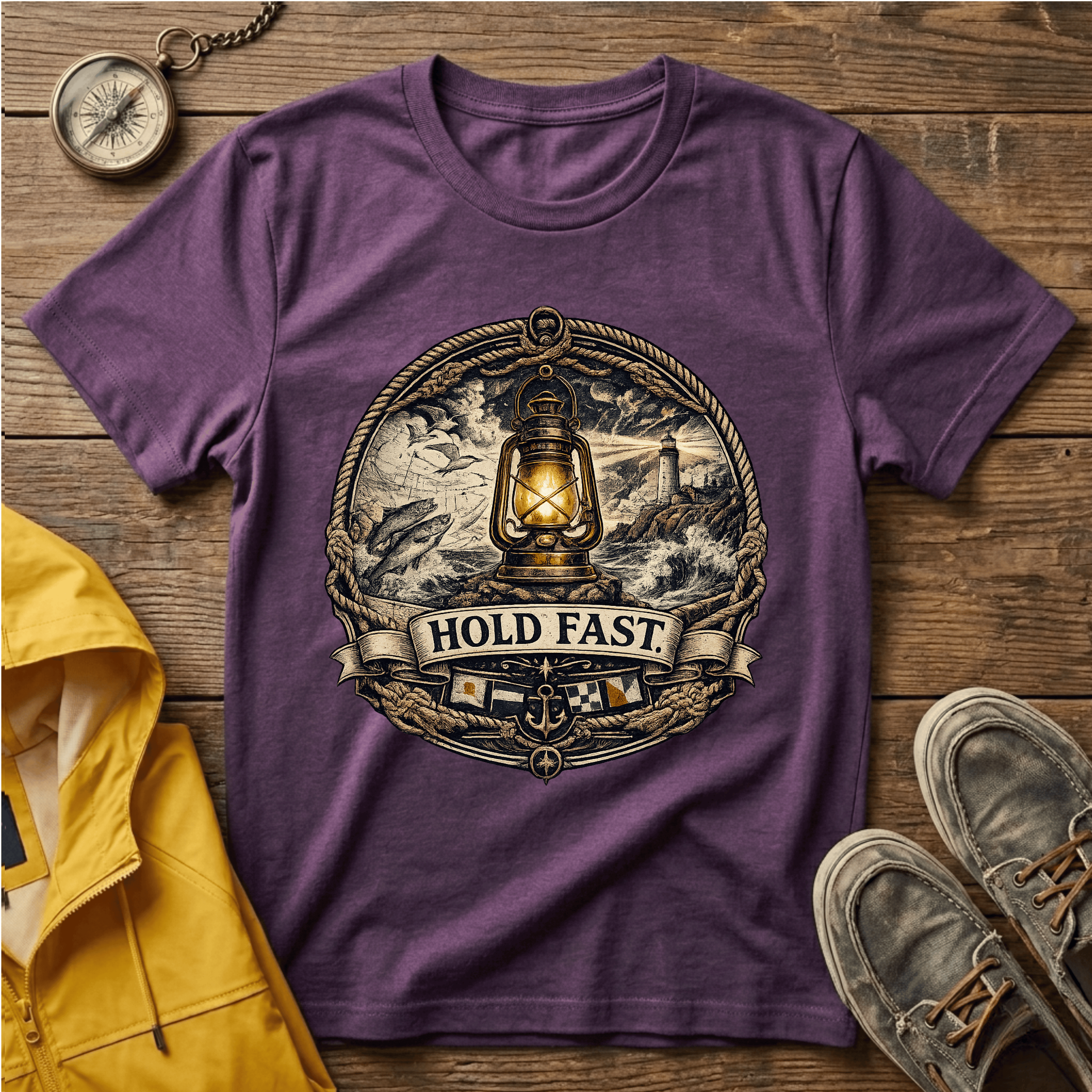 Lantern “Hold Fast” Graphic T‑Shirt — Nautical Vintage Lamp Tee