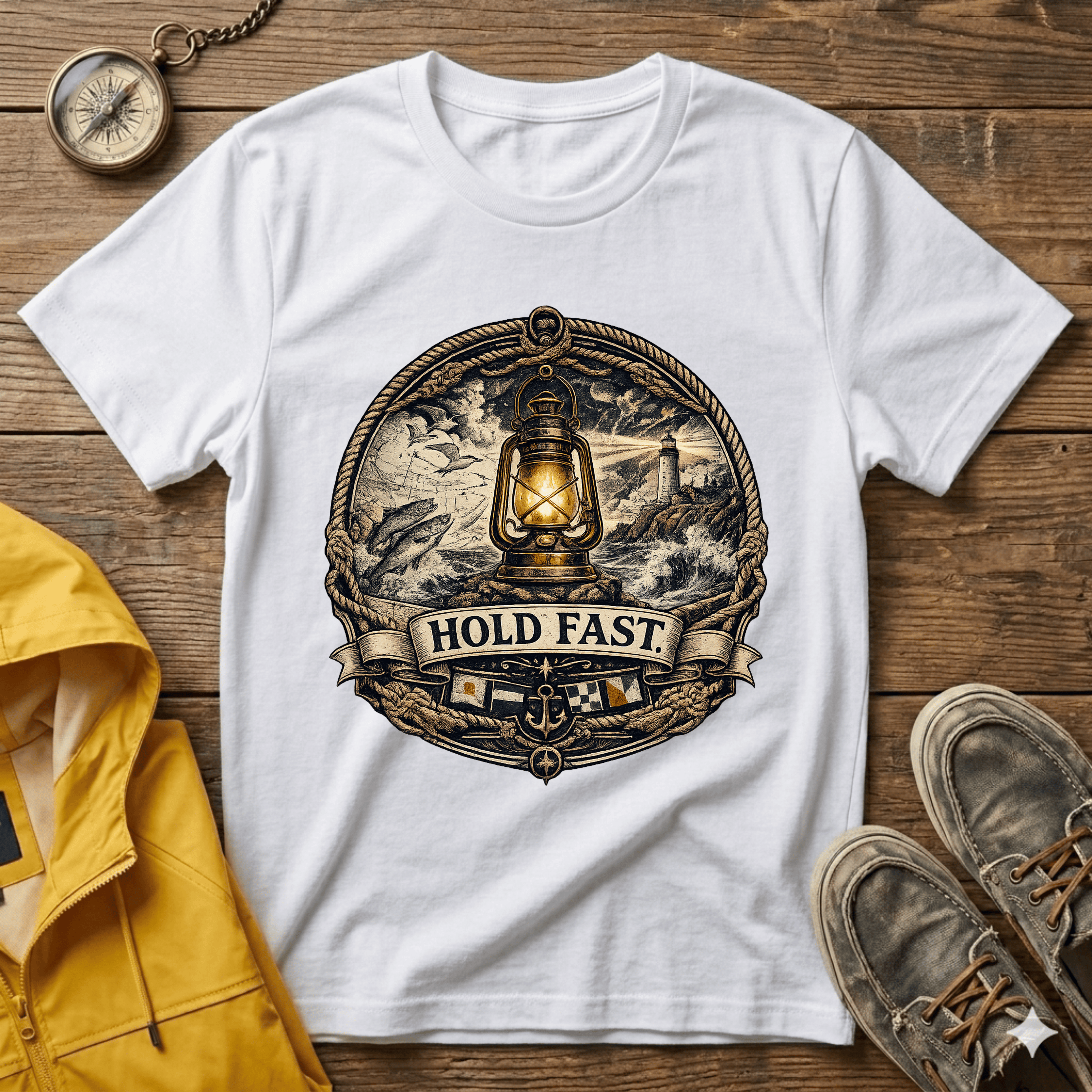 Lantern “Hold Fast” Graphic T‑Shirt — Nautical Vintage Lamp Tee