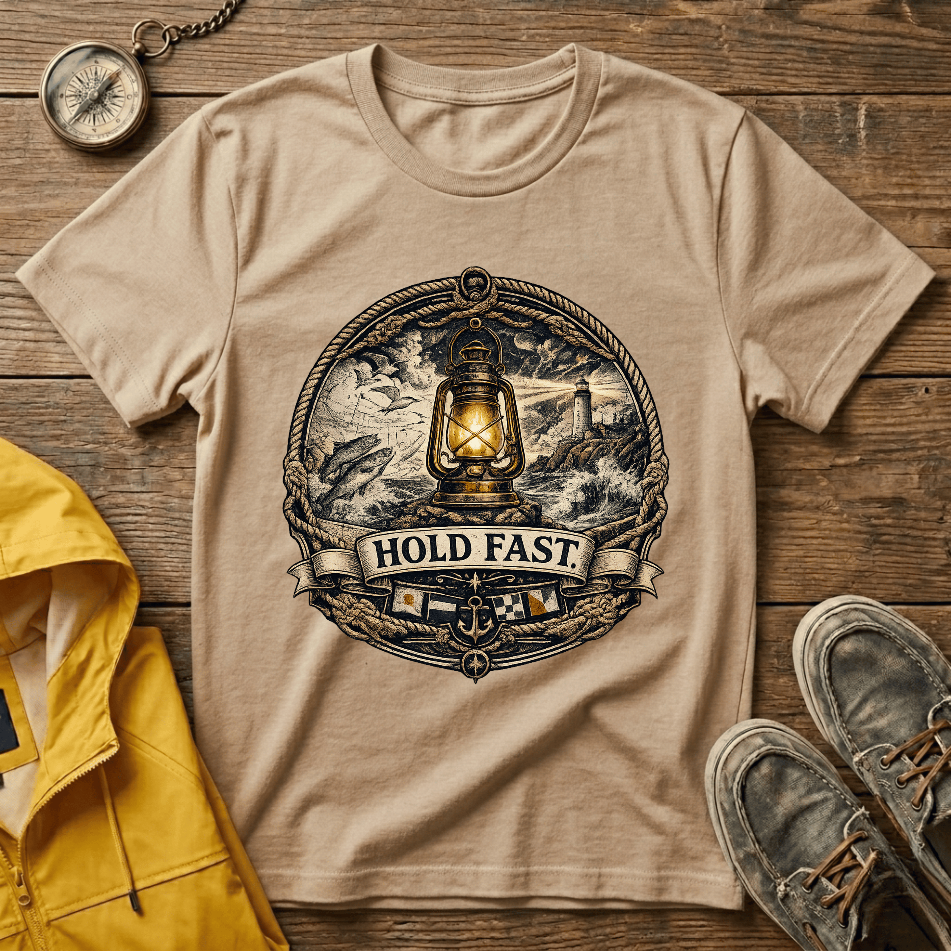 Lantern “Hold Fast” Graphic T‑Shirt — Nautical Vintage Lamp Tee