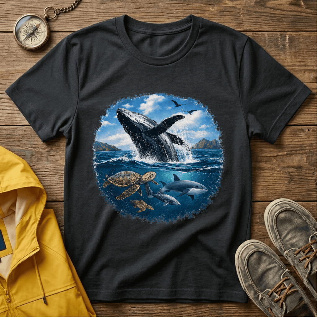 Whale Breach Graphic T-Shirt — Ocean Life Tee with Sea Turtle Design