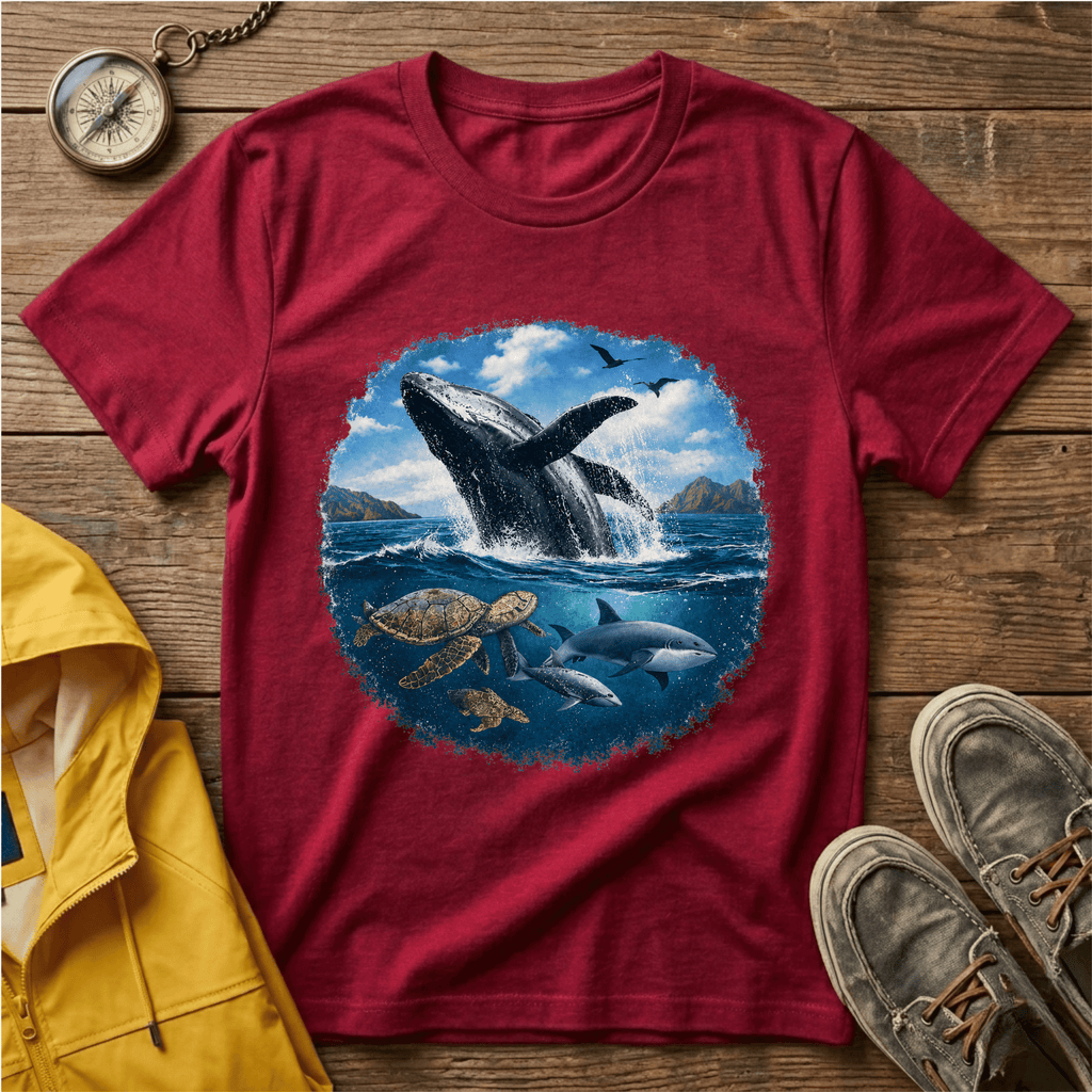 Whale Breach Graphic T-Shirt — Ocean Life Tee with Sea Turtle Design