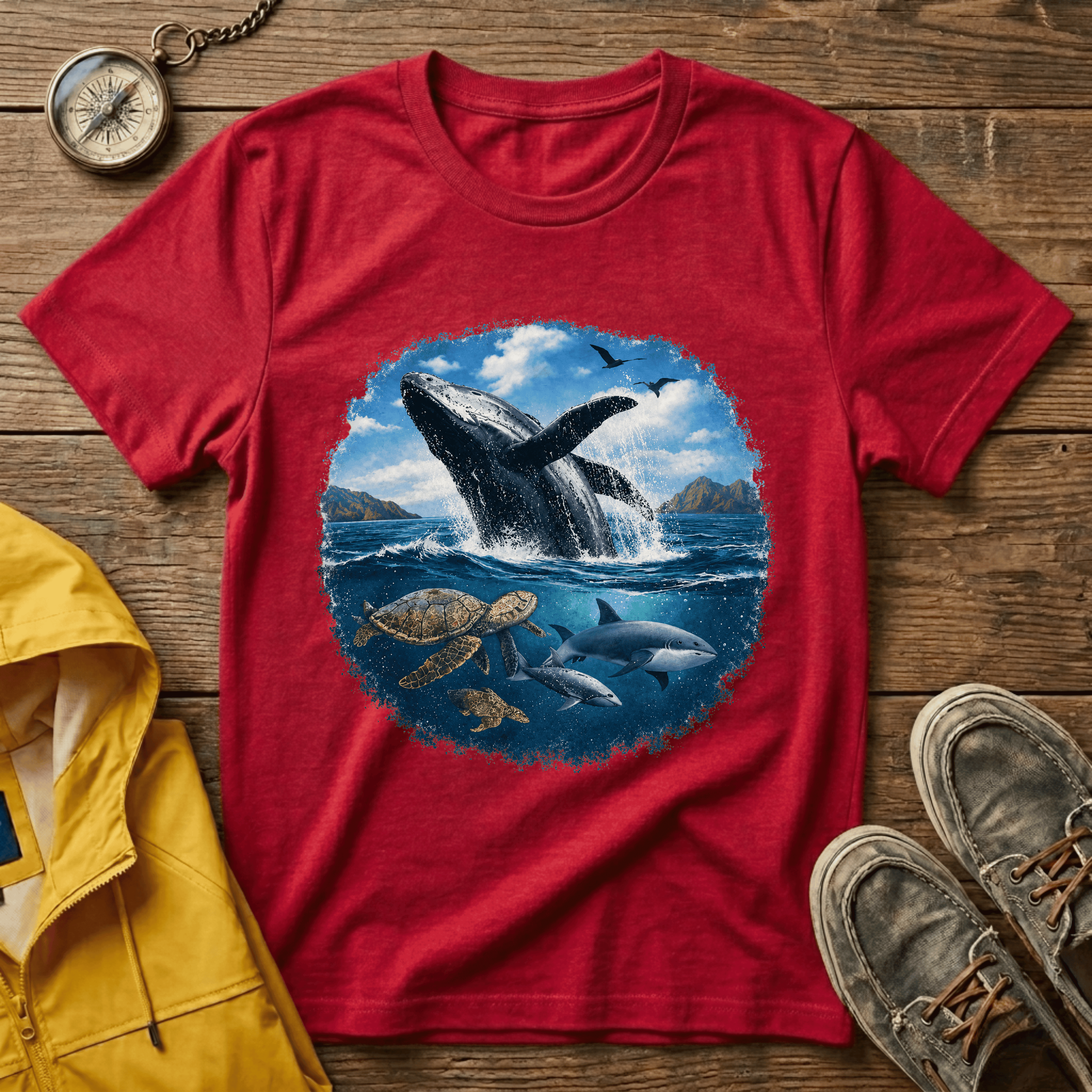Whale Breach Graphic T-Shirt — Ocean Life Tee with Sea Turtle Design
