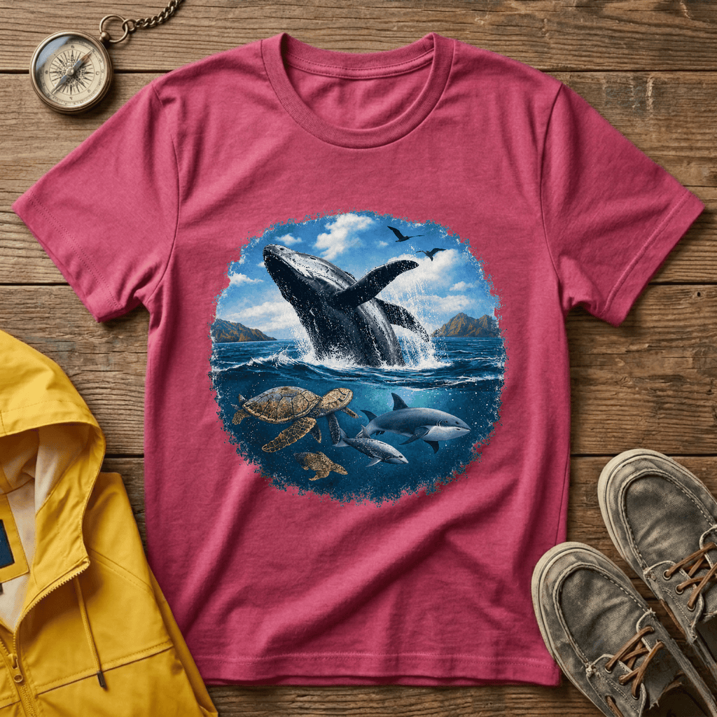 Whale Breach Graphic T-Shirt — Ocean Life Tee with Sea Turtle Design