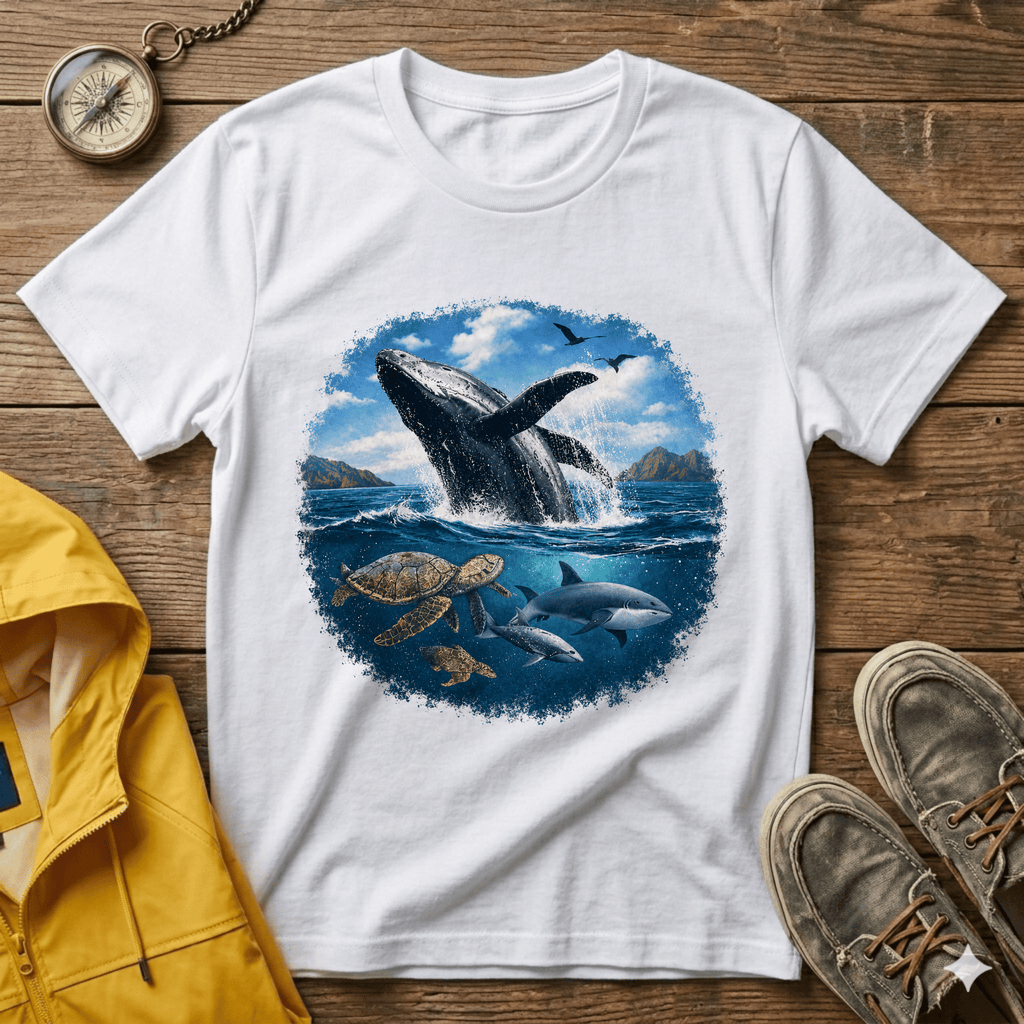 Whale Breach Graphic T-Shirt — Ocean Life Tee with Sea Turtle Design