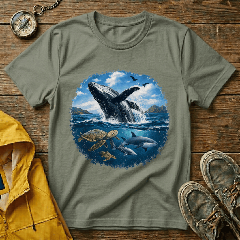 Whale Breach Graphic T-Shirt — Ocean Life Tee with Sea Turtle Design