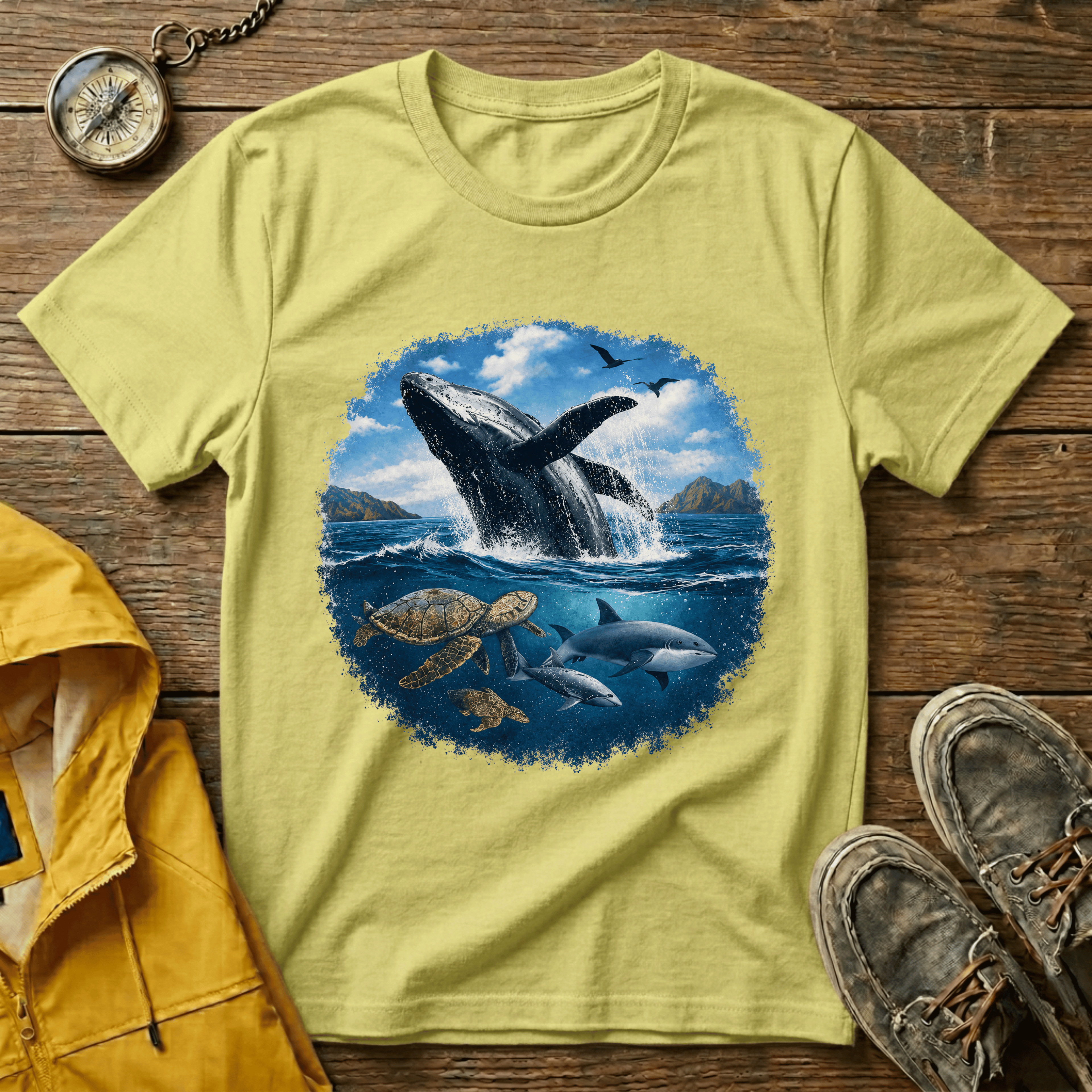 Whale Breach Graphic T-Shirt — Ocean Life Tee with Sea Turtle Design