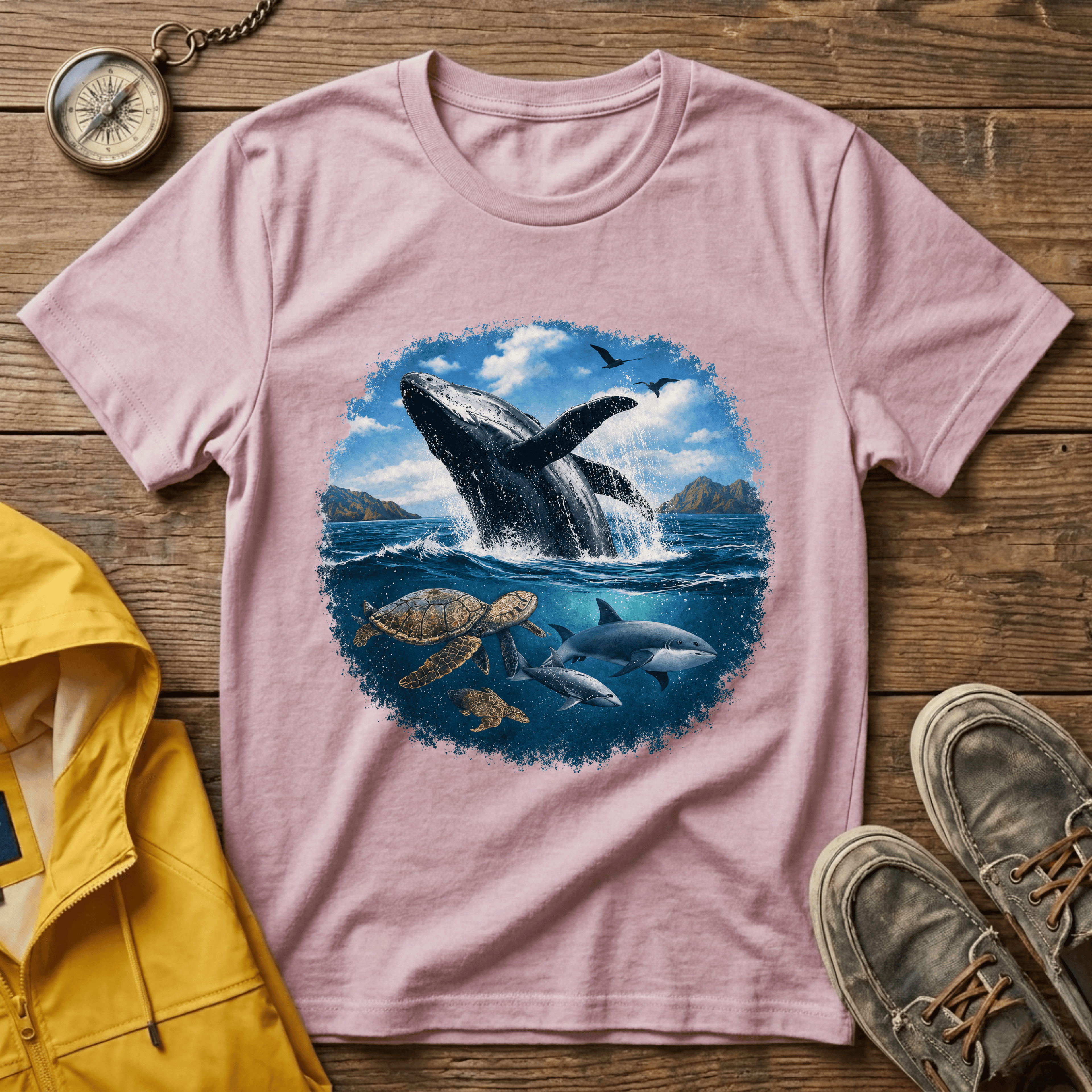 Whale Breach Graphic T-Shirt — Ocean Life Tee with Sea Turtle Design