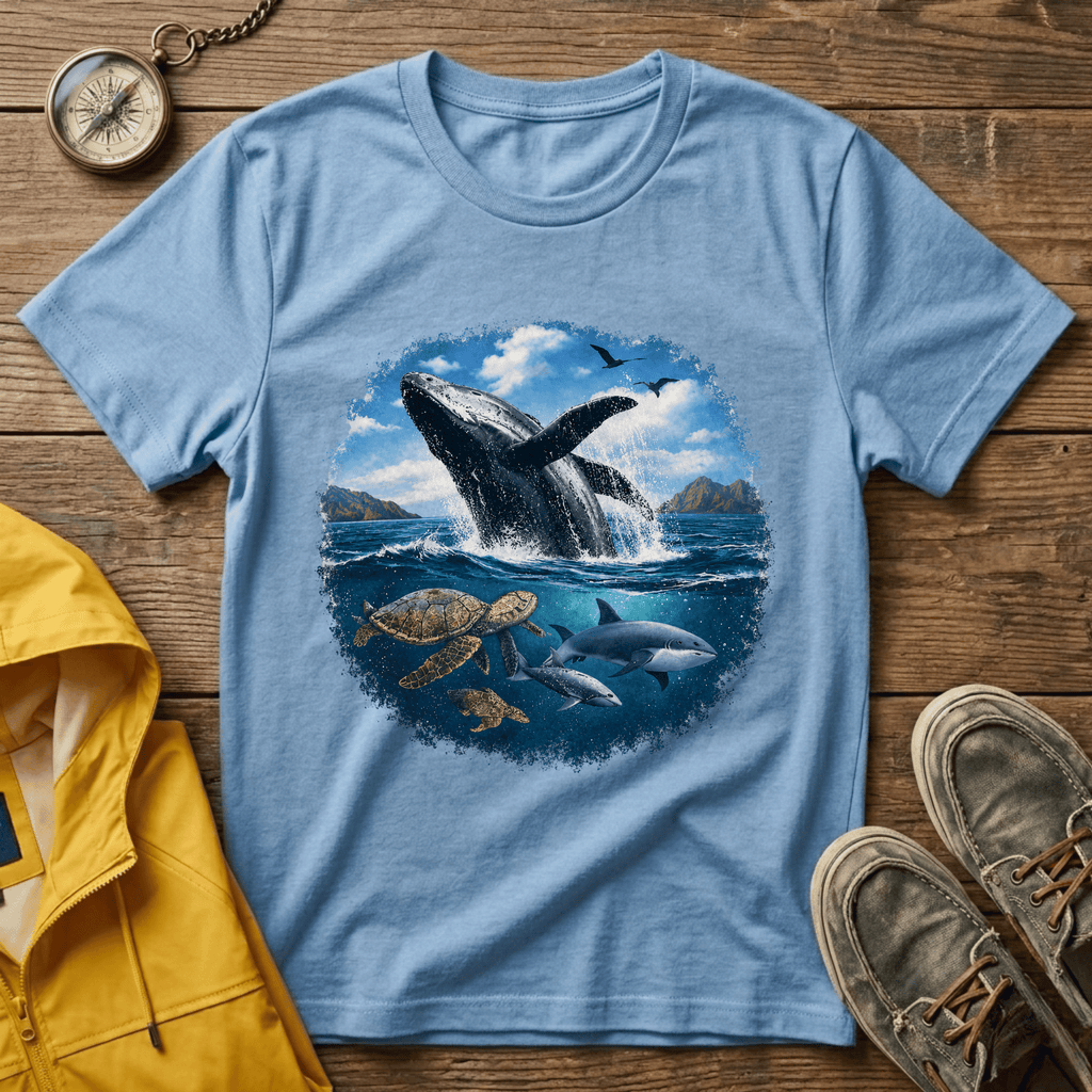 Whale Breach Graphic T-Shirt — Ocean Life Tee with Sea Turtle Design