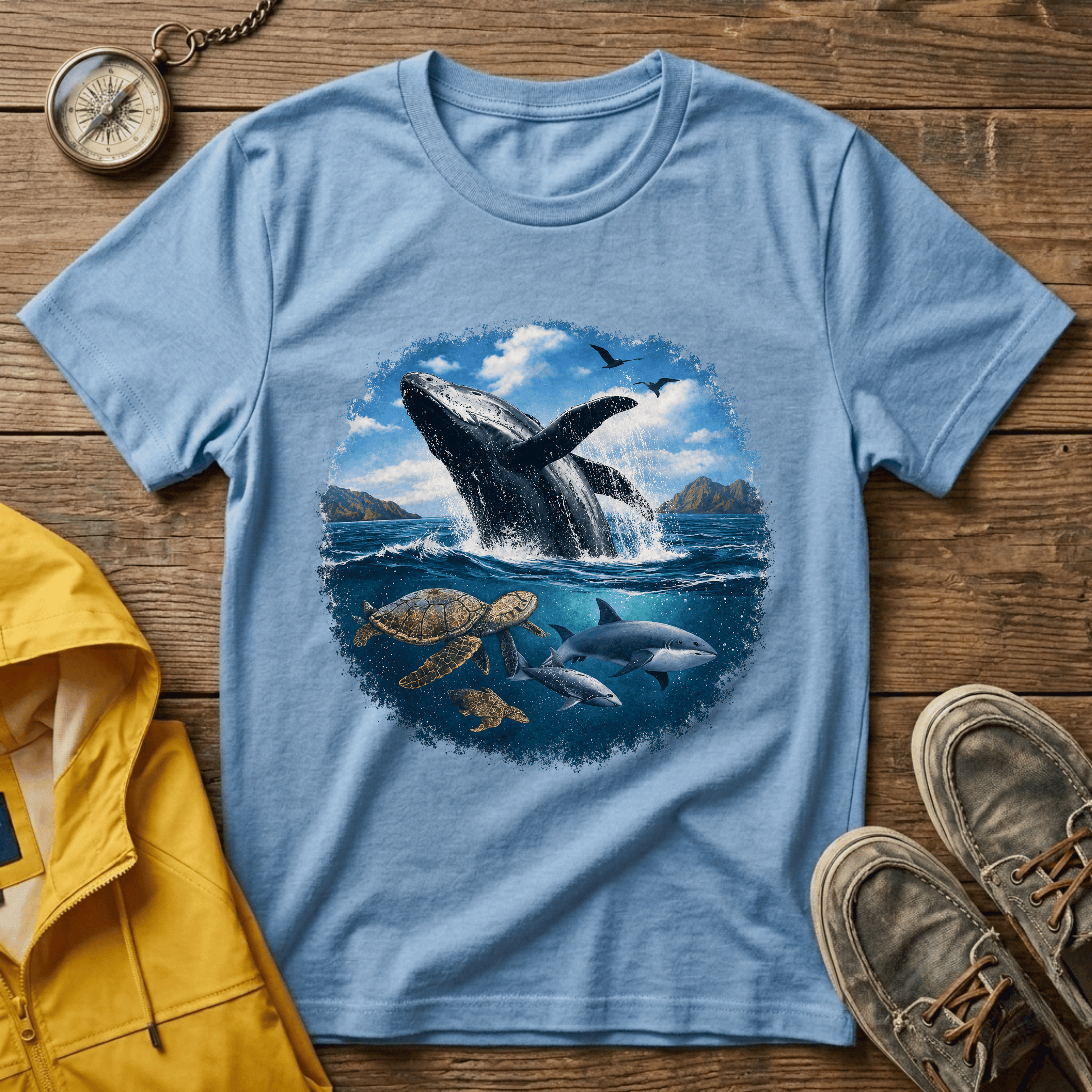 Whale Breach Graphic T-Shirt — Ocean Life Tee with Sea Turtle Design
