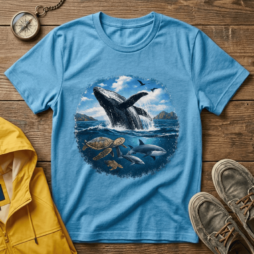 Whale Breach Graphic T-Shirt — Ocean Life Tee with Sea Turtle Design