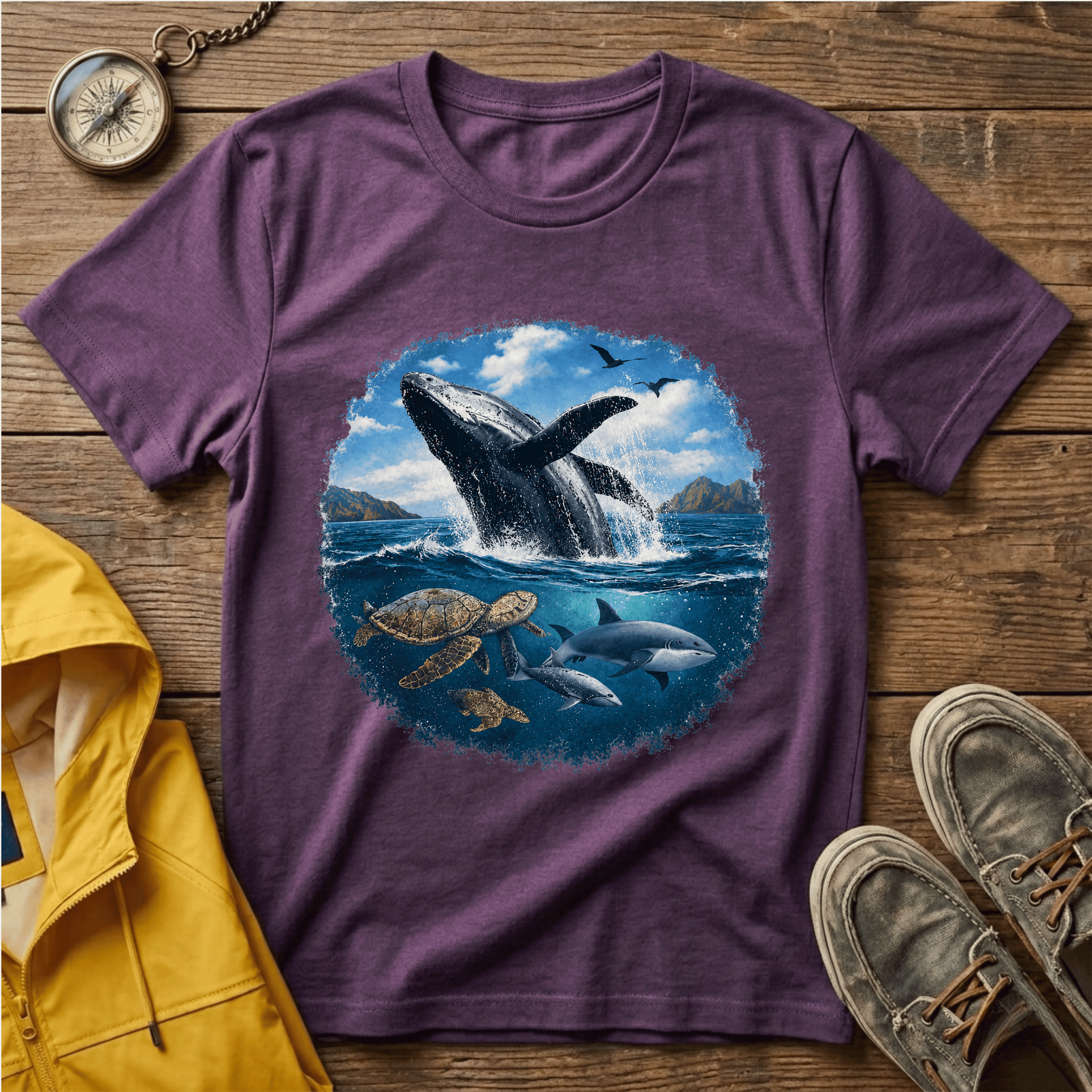 Whale Breach Graphic T-Shirt — Ocean Life Tee with Sea Turtle Design