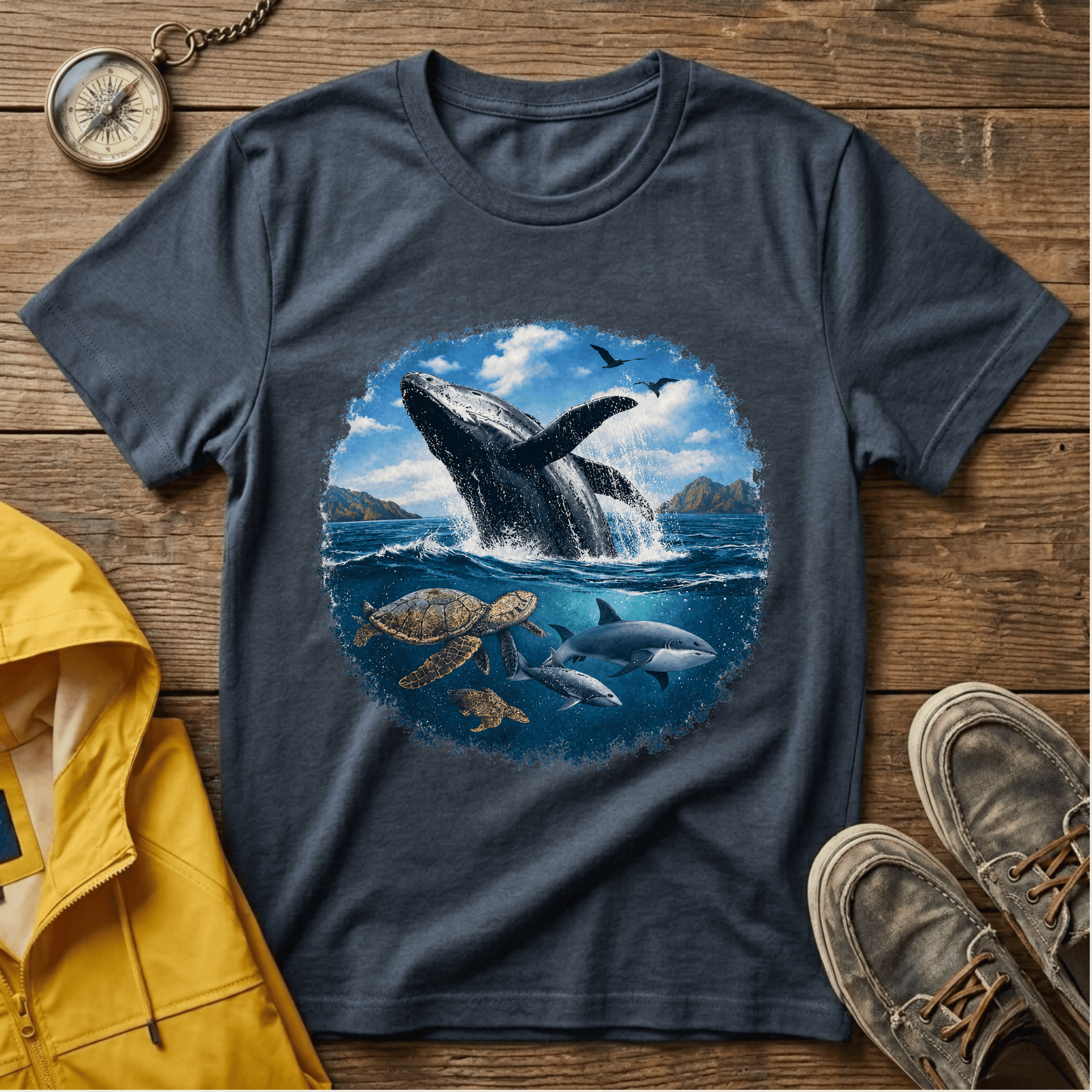 Whale Breach Graphic T-Shirt — Ocean Life Tee with Sea Turtle Design
