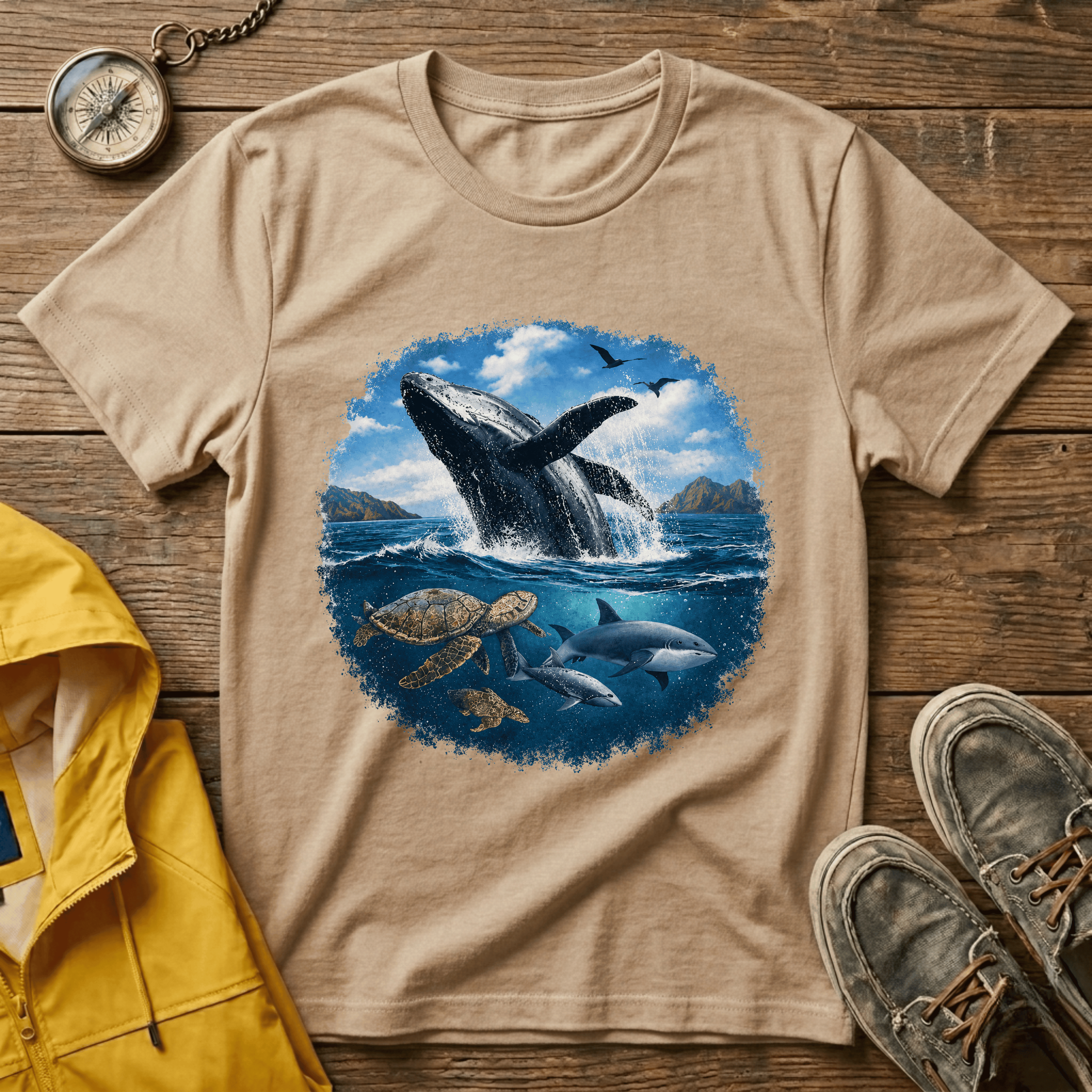 Whale Breach Graphic T-Shirt — Ocean Life Tee with Sea Turtle Design
