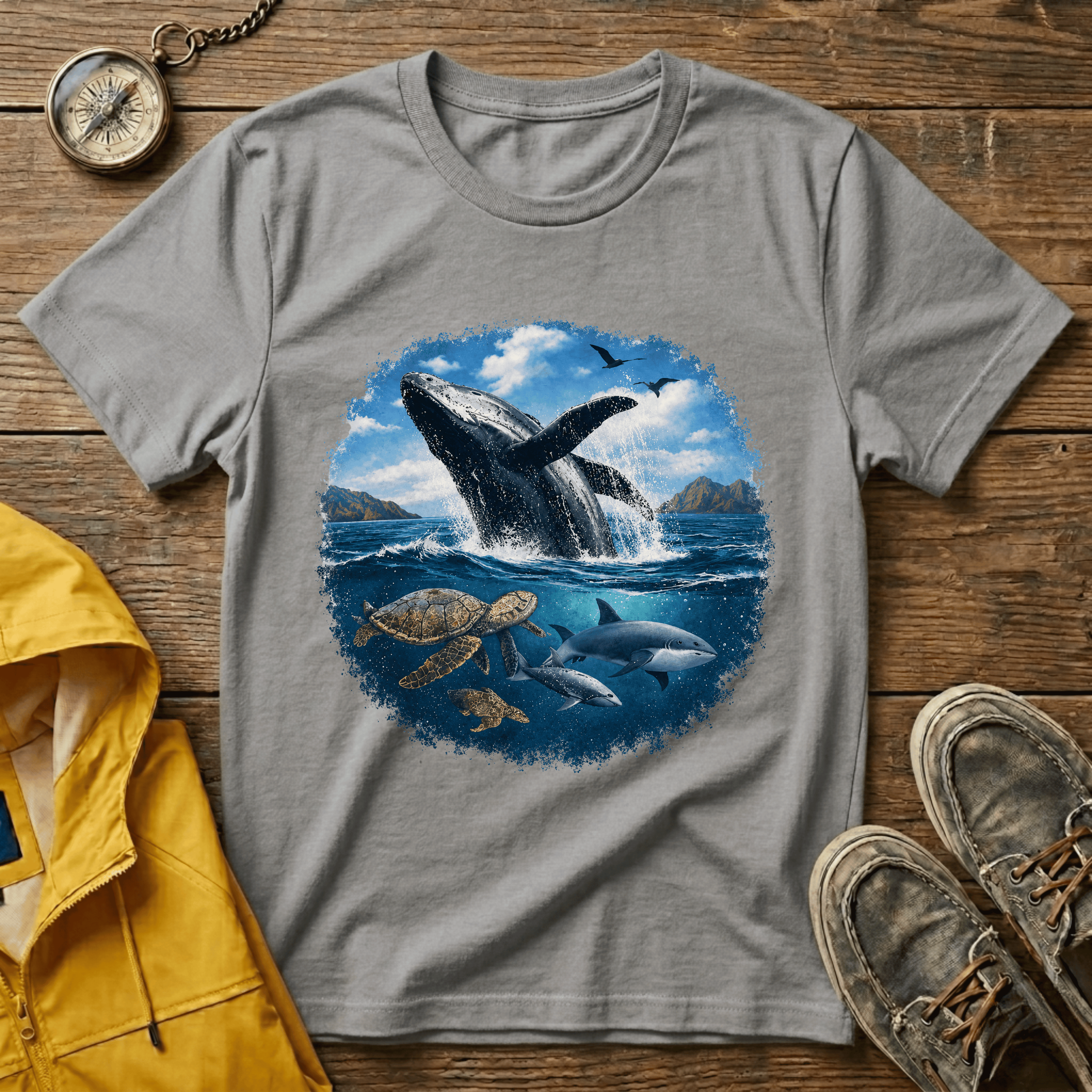 Whale Breach Graphic T-Shirt — Ocean Life Tee with Sea Turtle Design