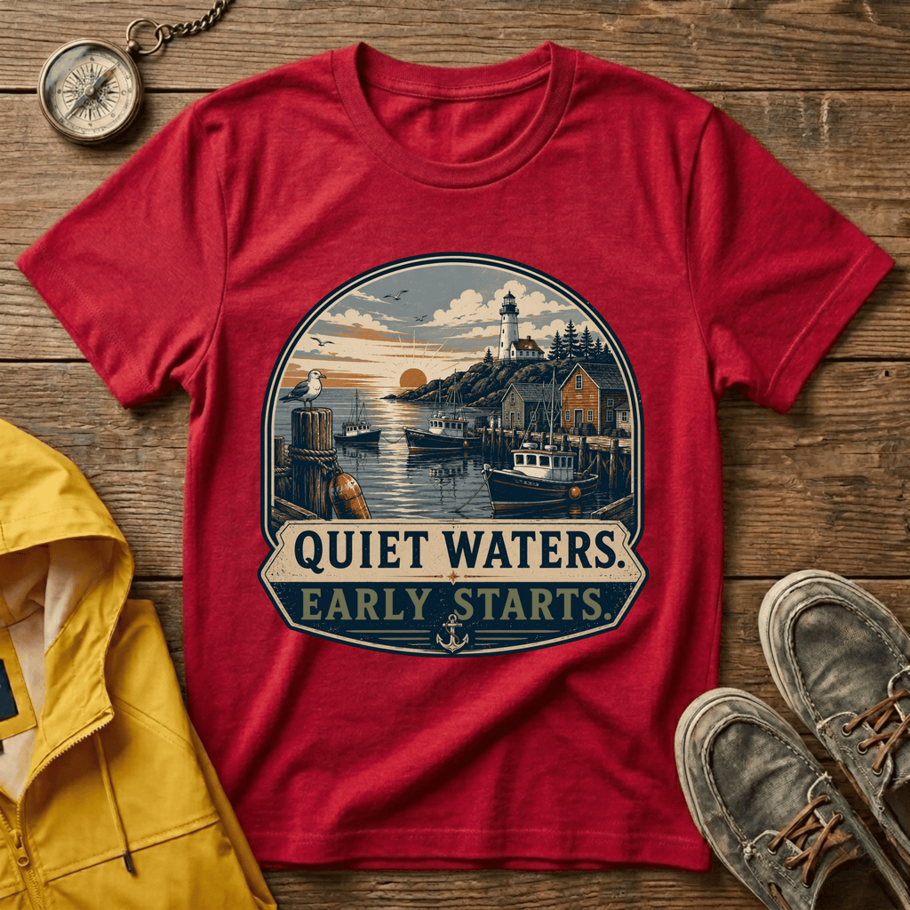 Quiet Waters T-Shirt — Coastal Lighthouse Sunrise Graphic Tee