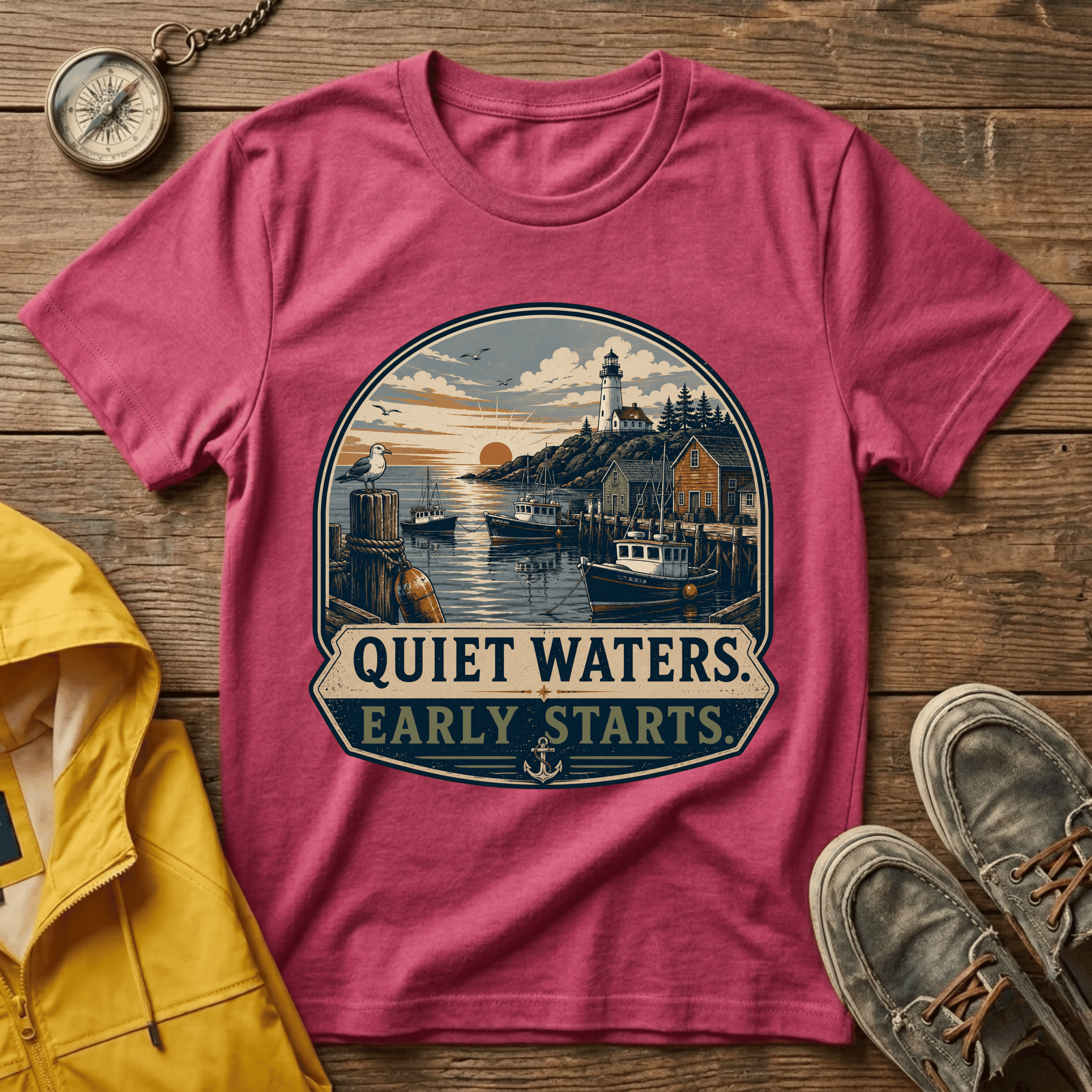 Quiet Waters T-Shirt — Coastal Lighthouse Sunrise Graphic Tee