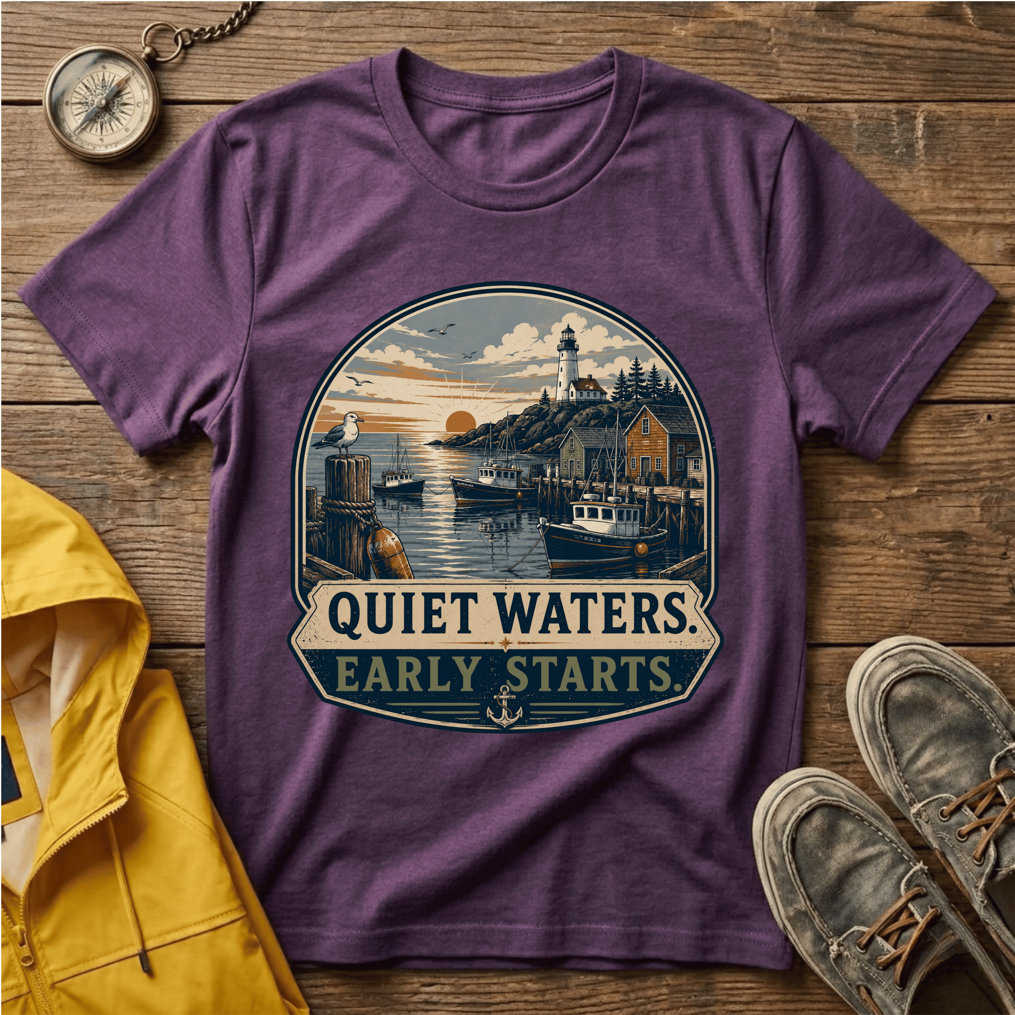 Quiet Waters T-Shirt — Coastal Lighthouse Sunrise Graphic Tee
