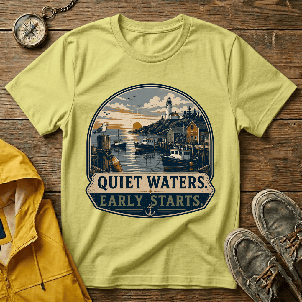 Quiet Waters T-Shirt — Coastal Lighthouse Sunrise Graphic Tee