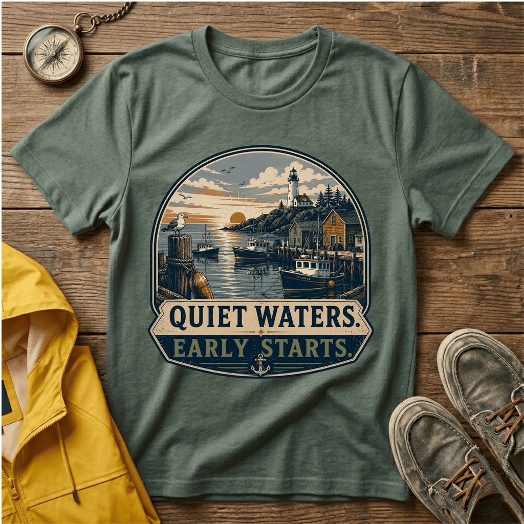 Quiet Waters T-Shirt — Coastal Lighthouse Sunrise Graphic Tee