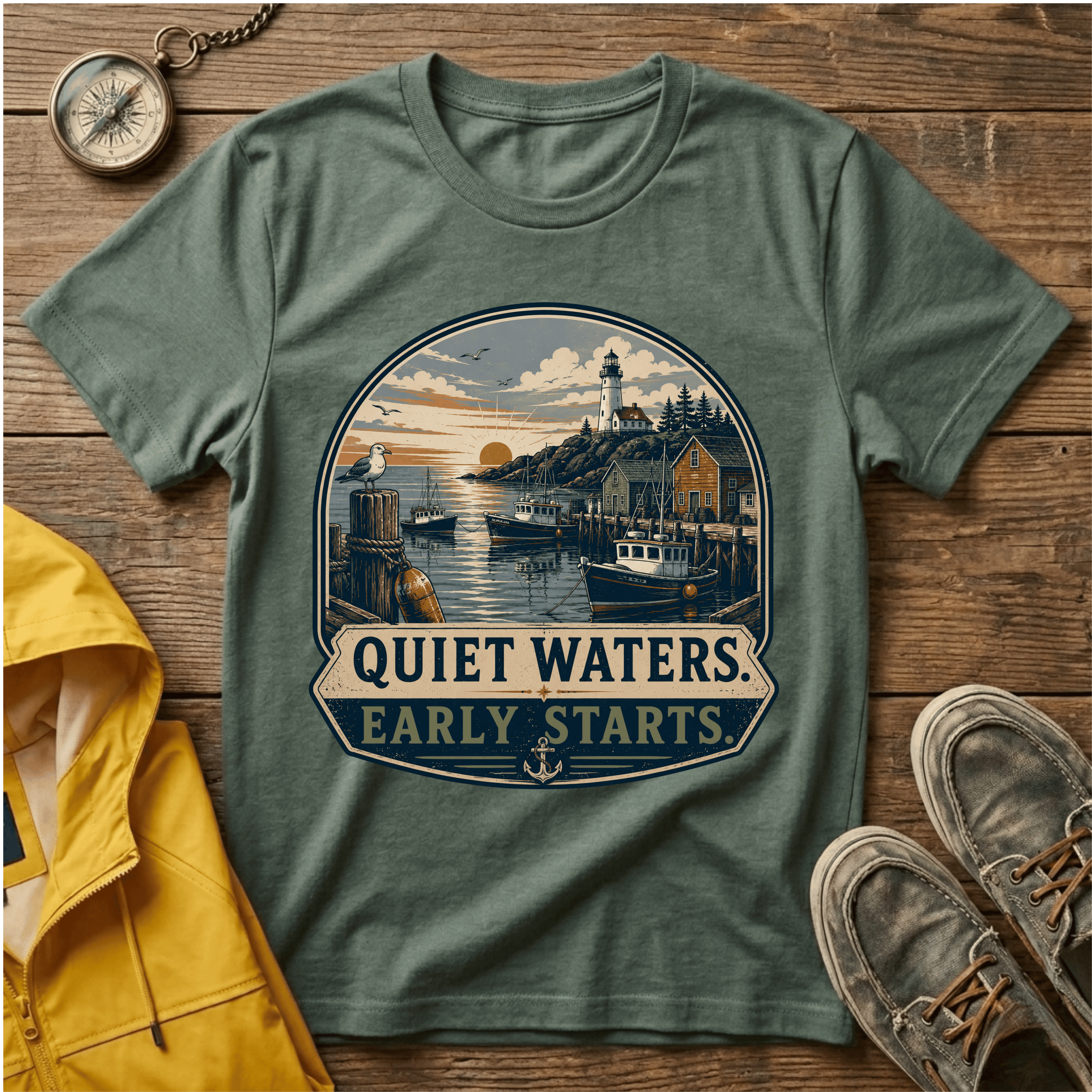 Quiet Waters T-Shirt — Coastal Lighthouse Sunrise Graphic Tee