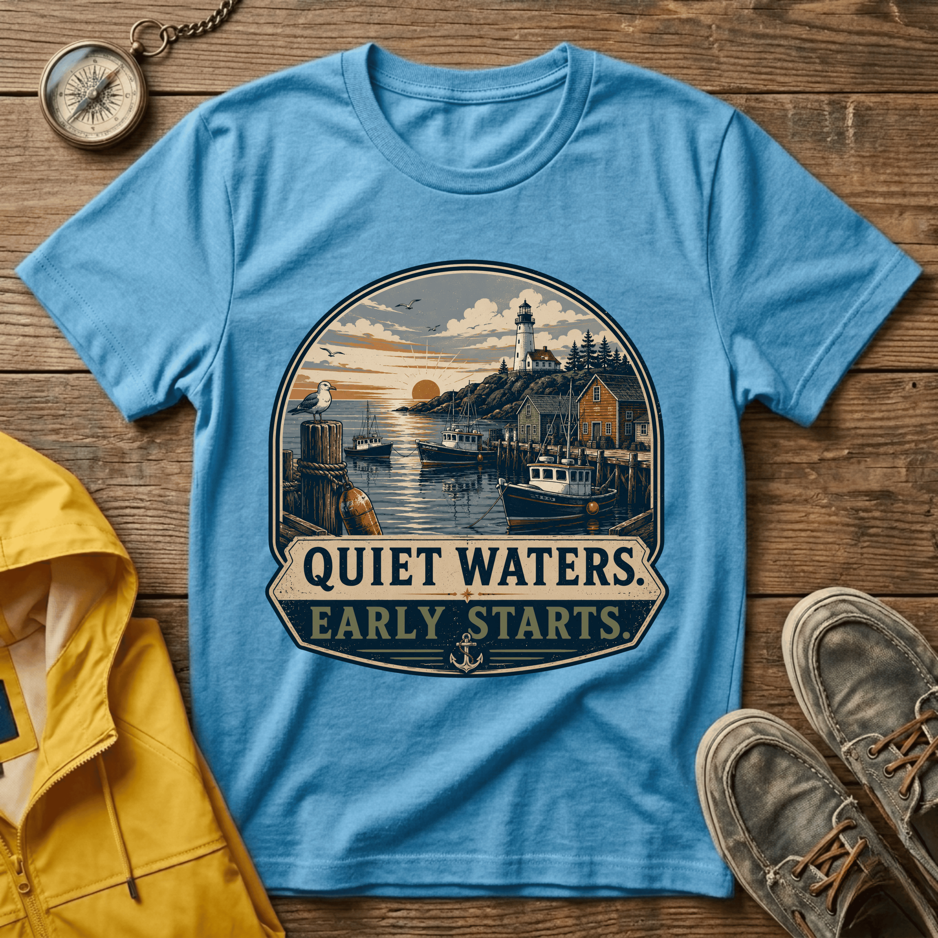 Quiet Waters T-Shirt — Coastal Lighthouse Sunrise Graphic Tee