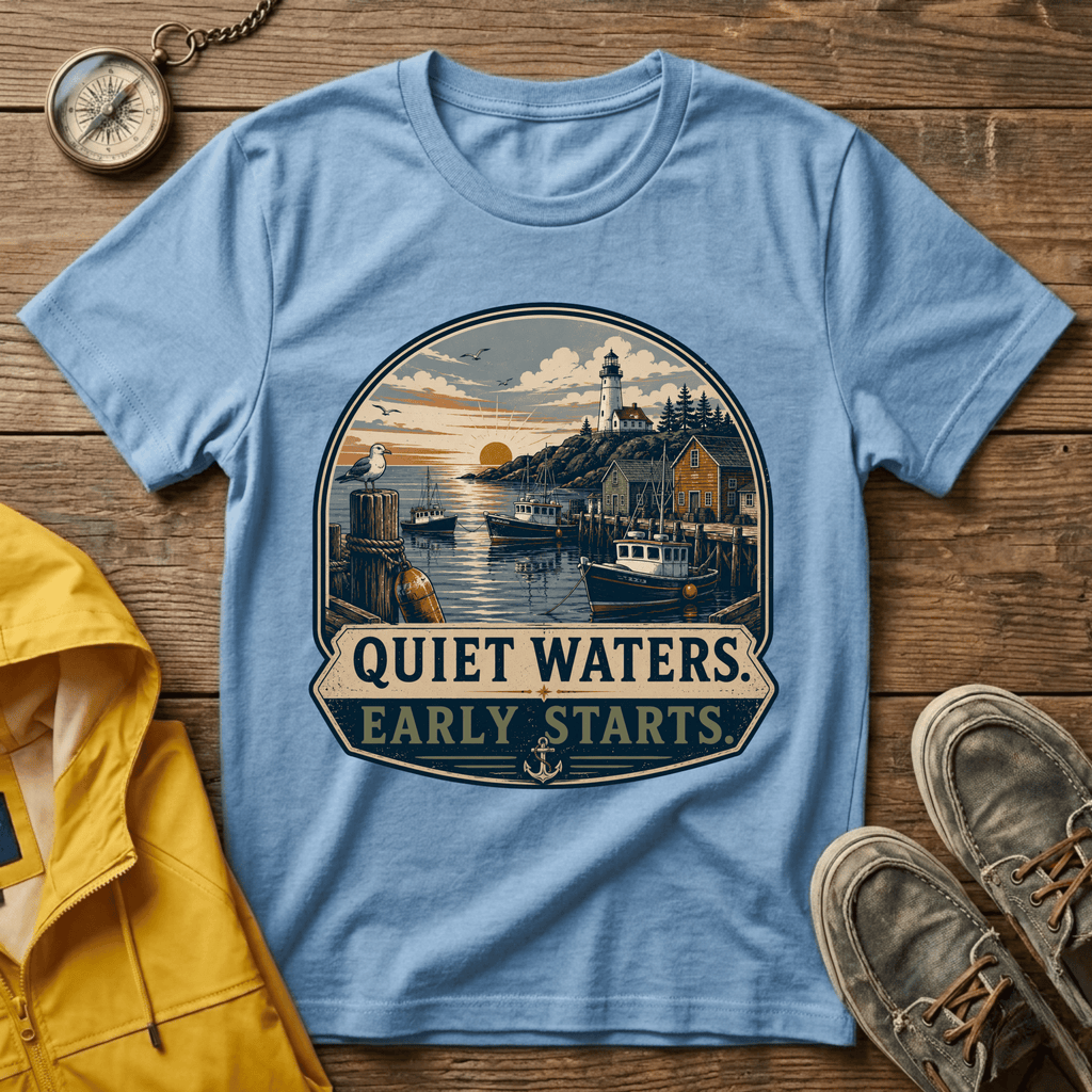 Quiet Waters T-Shirt — Coastal Lighthouse Sunrise Graphic Tee