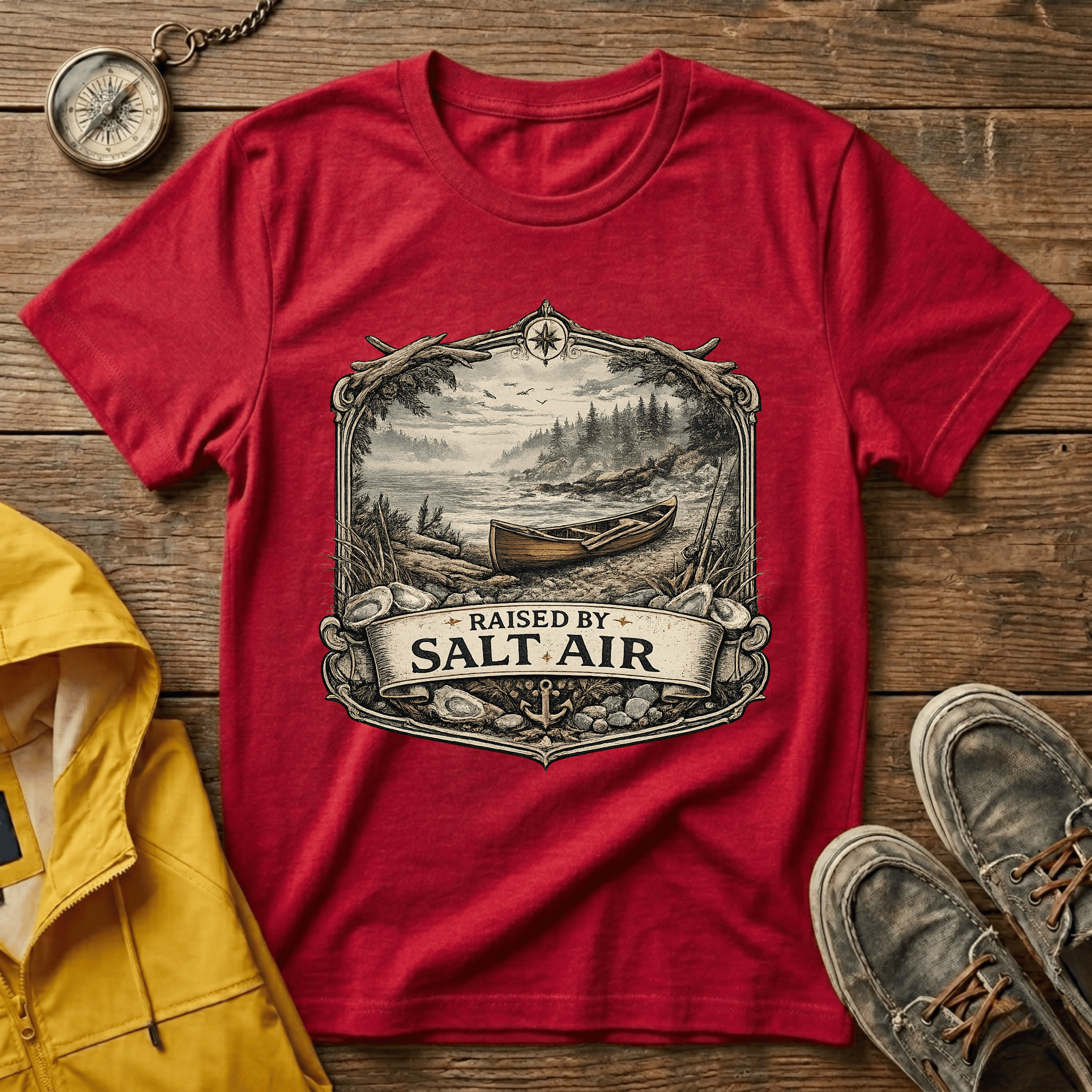 T-Shirt — Raised by Salt Air Vintage Coastal Boat Graphic