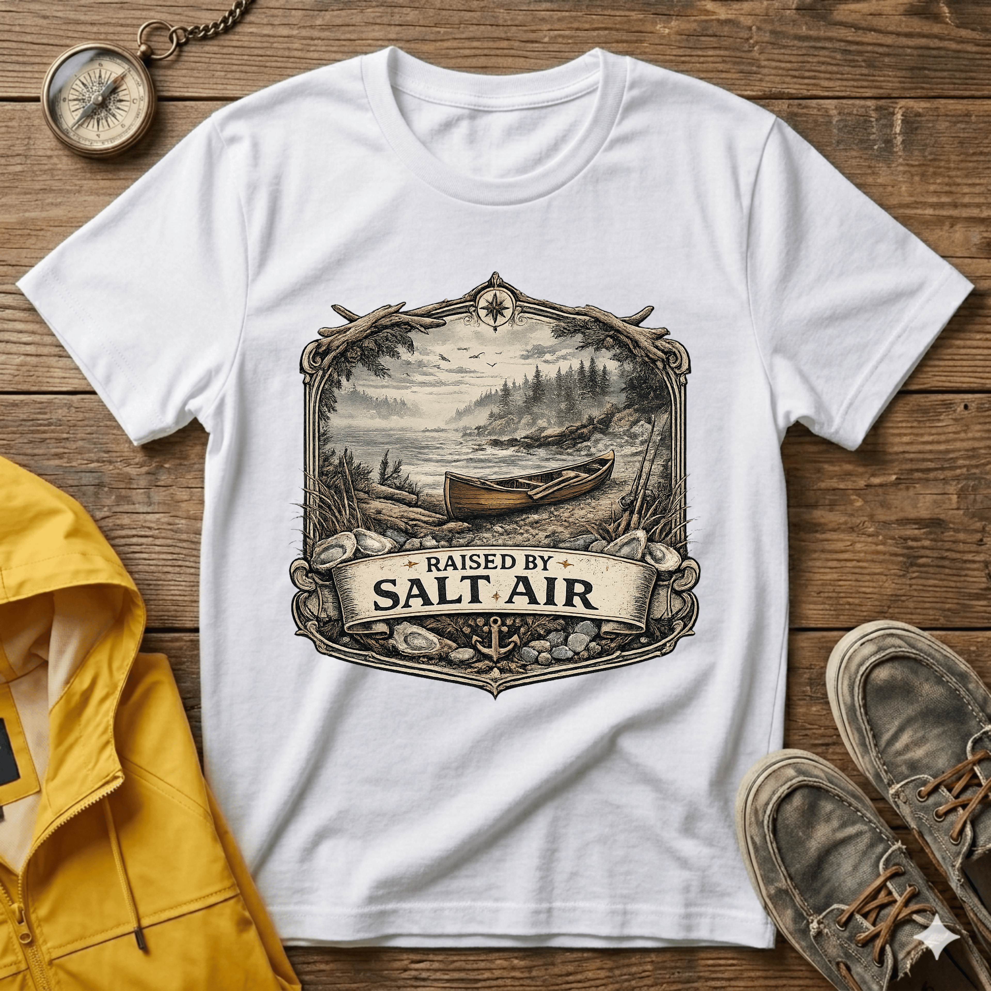 T-Shirt — Raised by Salt Air Vintage Coastal Boat Graphic