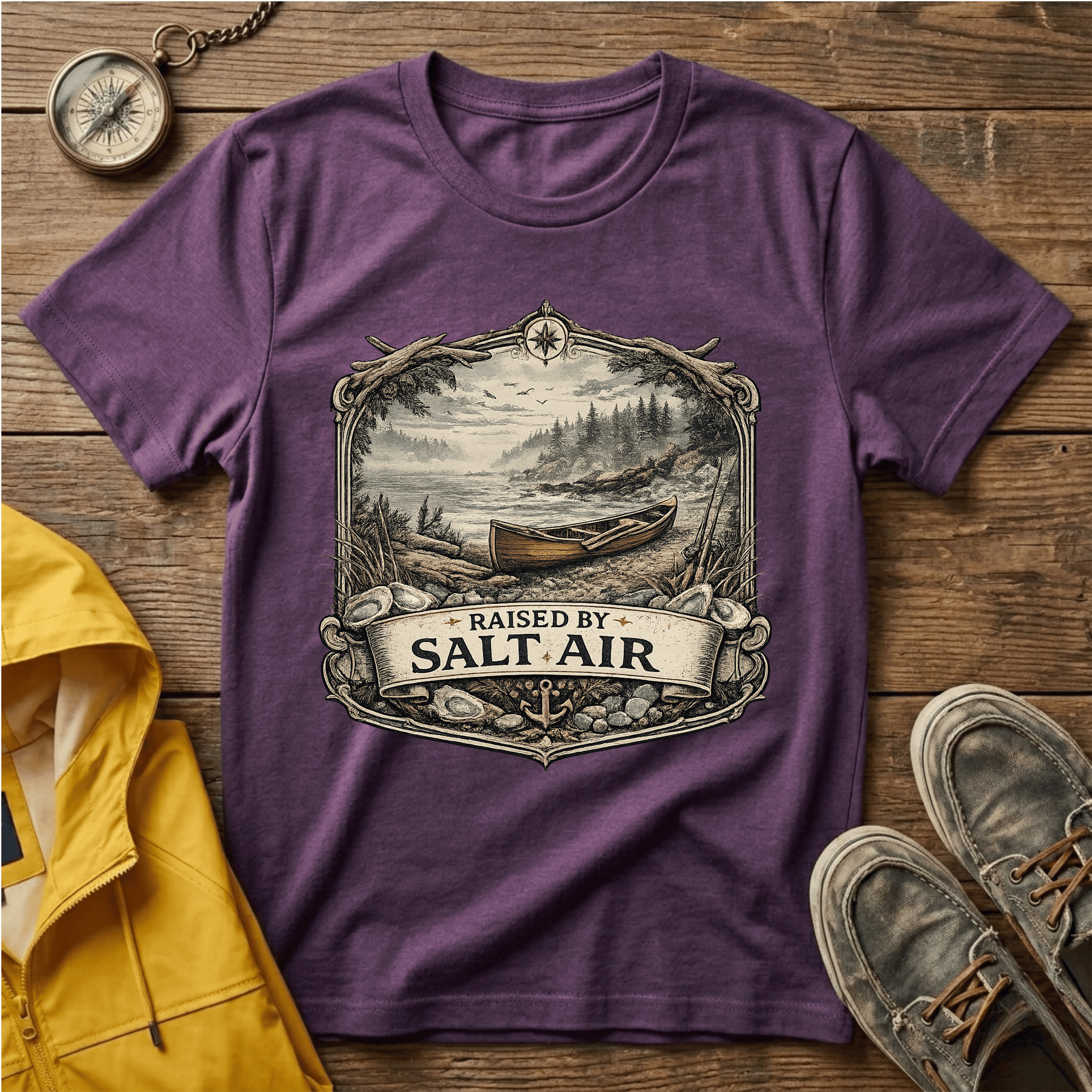 T-Shirt — Raised by Salt Air Vintage Coastal Boat Graphic