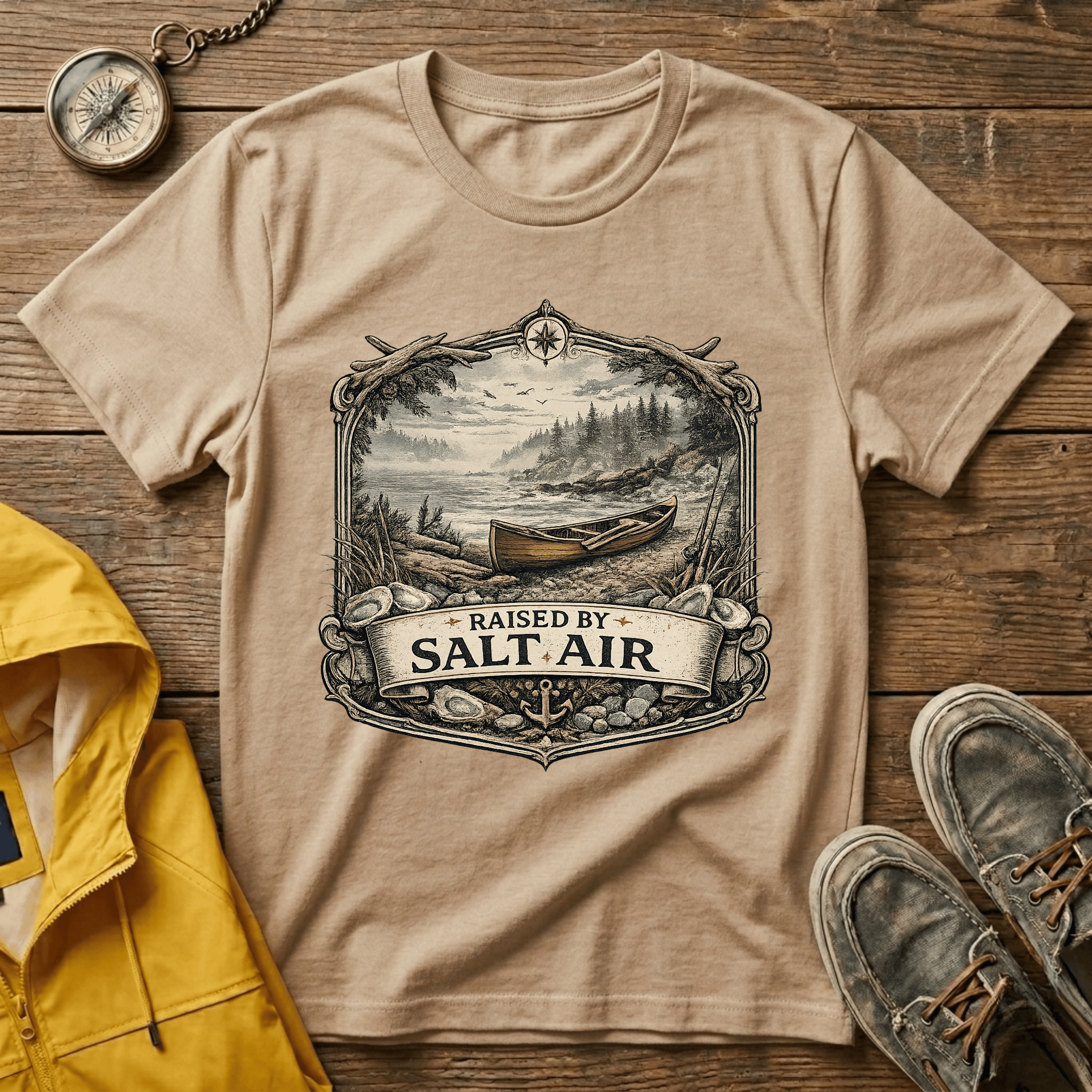 T-Shirt — Raised by Salt Air Vintage Coastal Boat Graphic