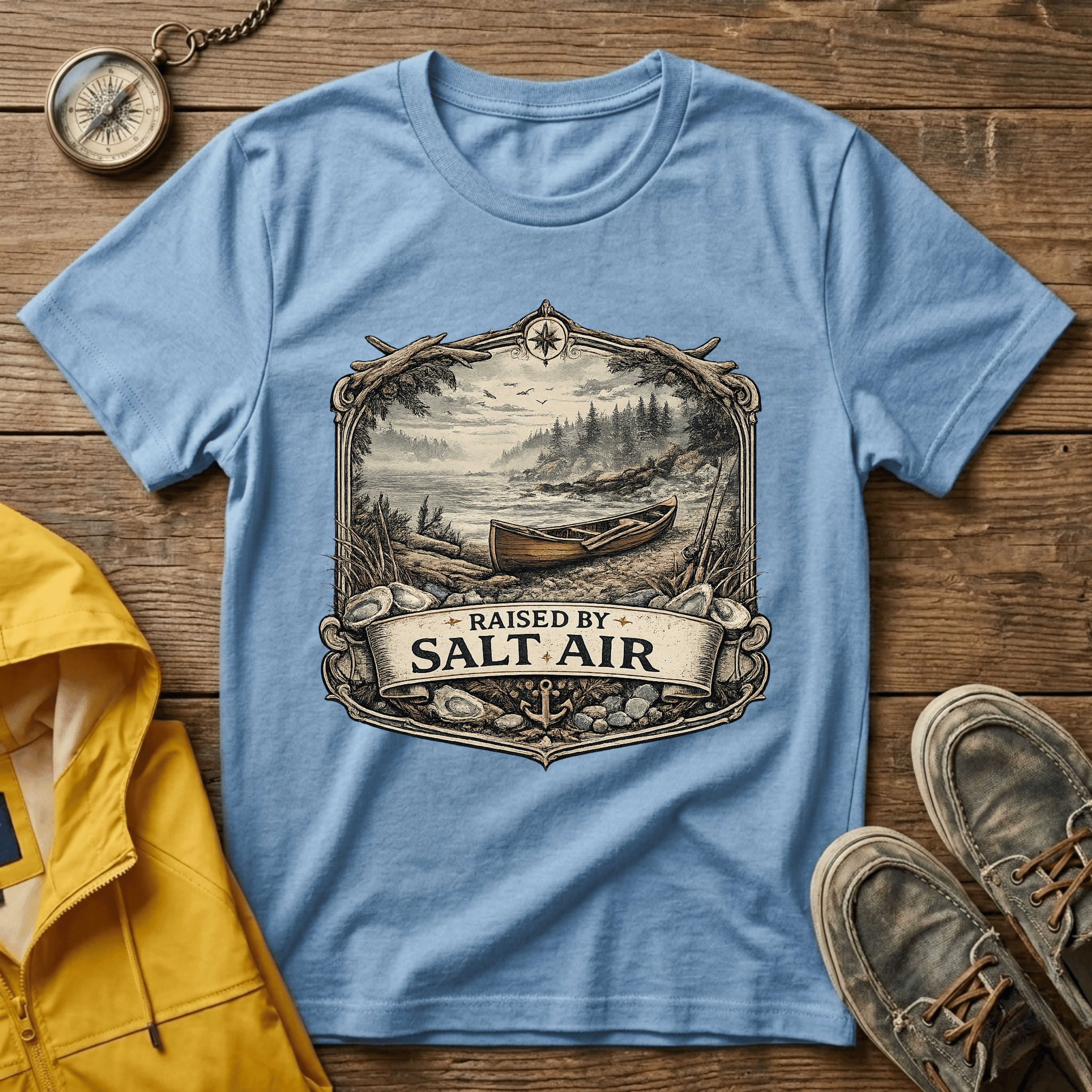 T-Shirt — Raised by Salt Air Vintage Coastal Boat Graphic