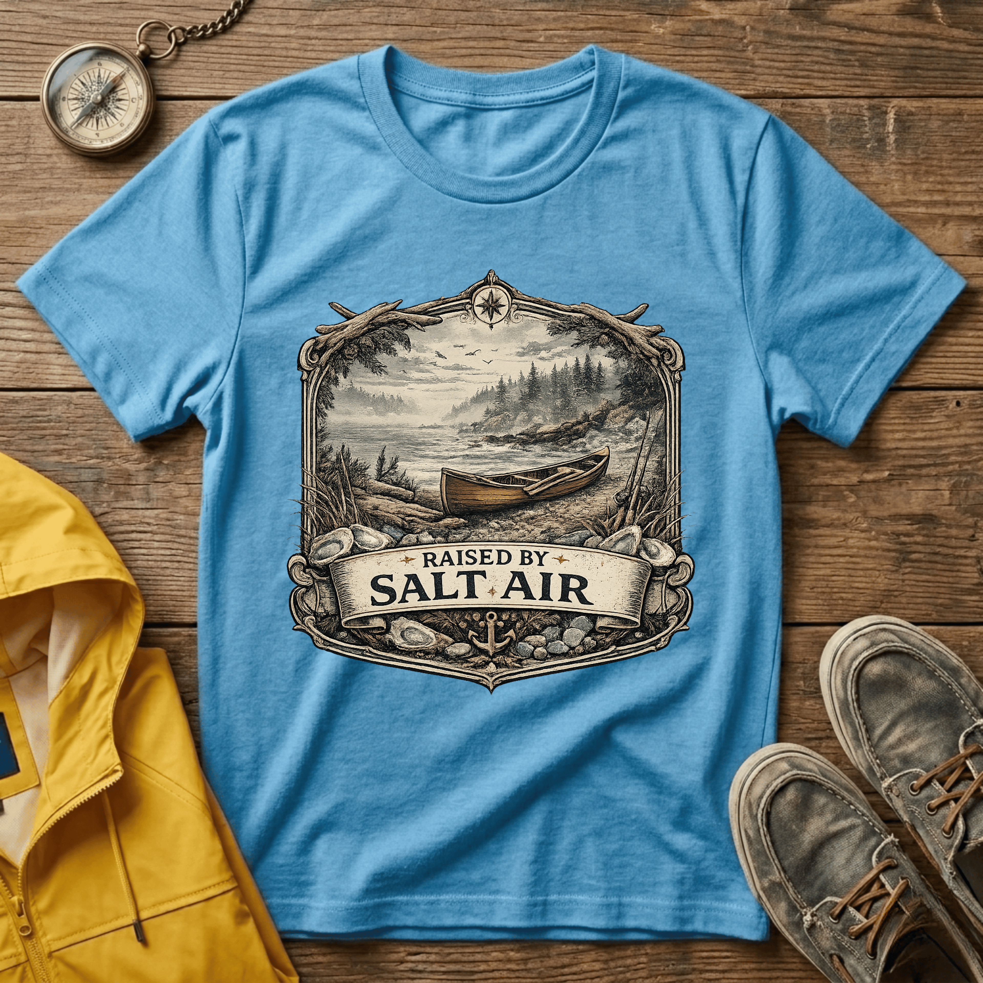 T-Shirt — Raised by Salt Air Vintage Coastal Boat Graphic