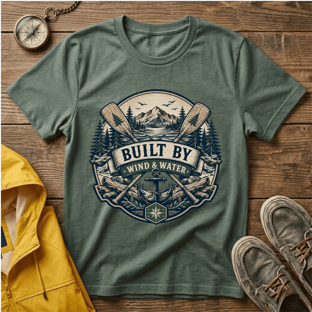 T-Shirt — "Built By Wind & Water" Vintage Outdoor Canoe Graphic