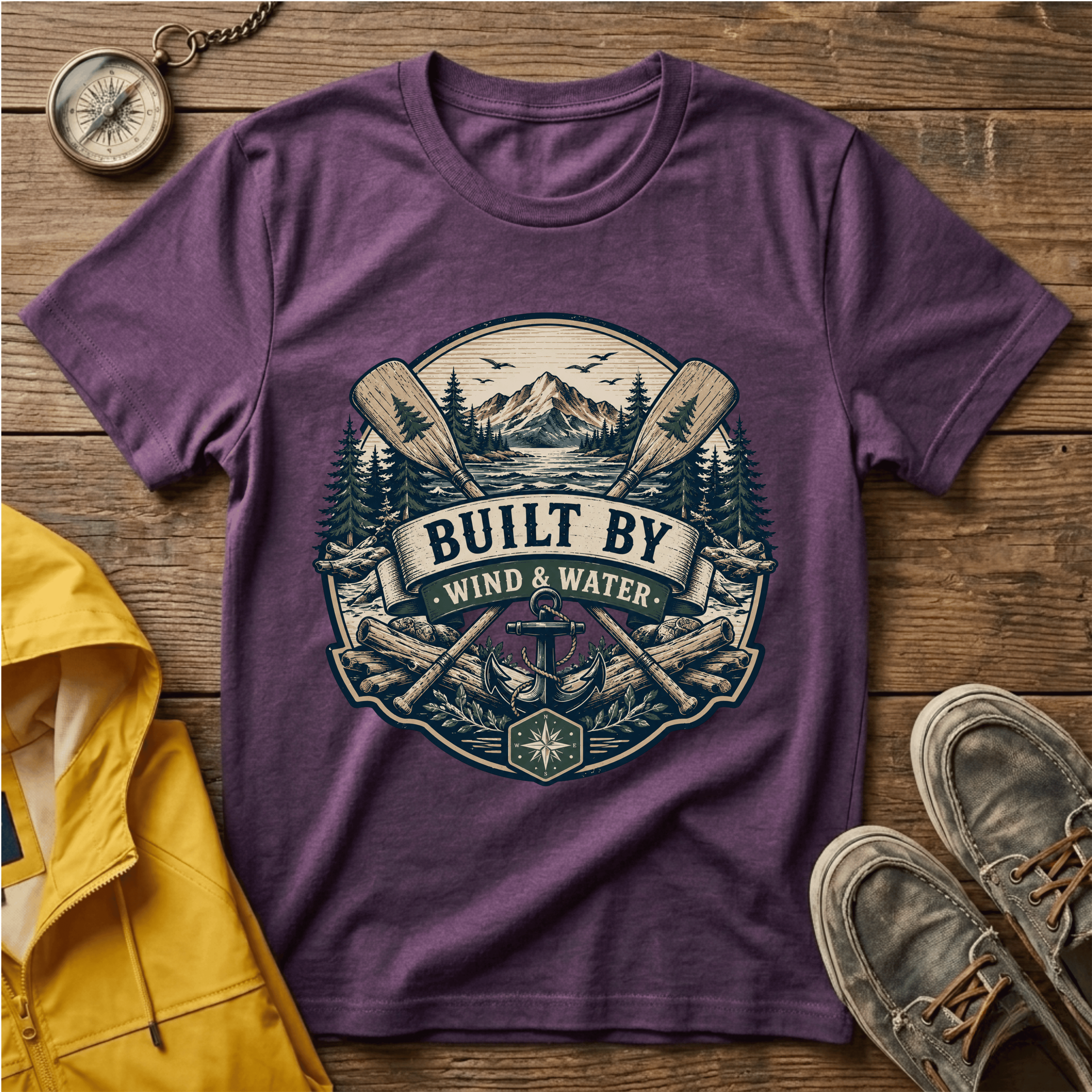 T-Shirt — "Built By Wind & Water" Vintage Outdoor Canoe Graphic
