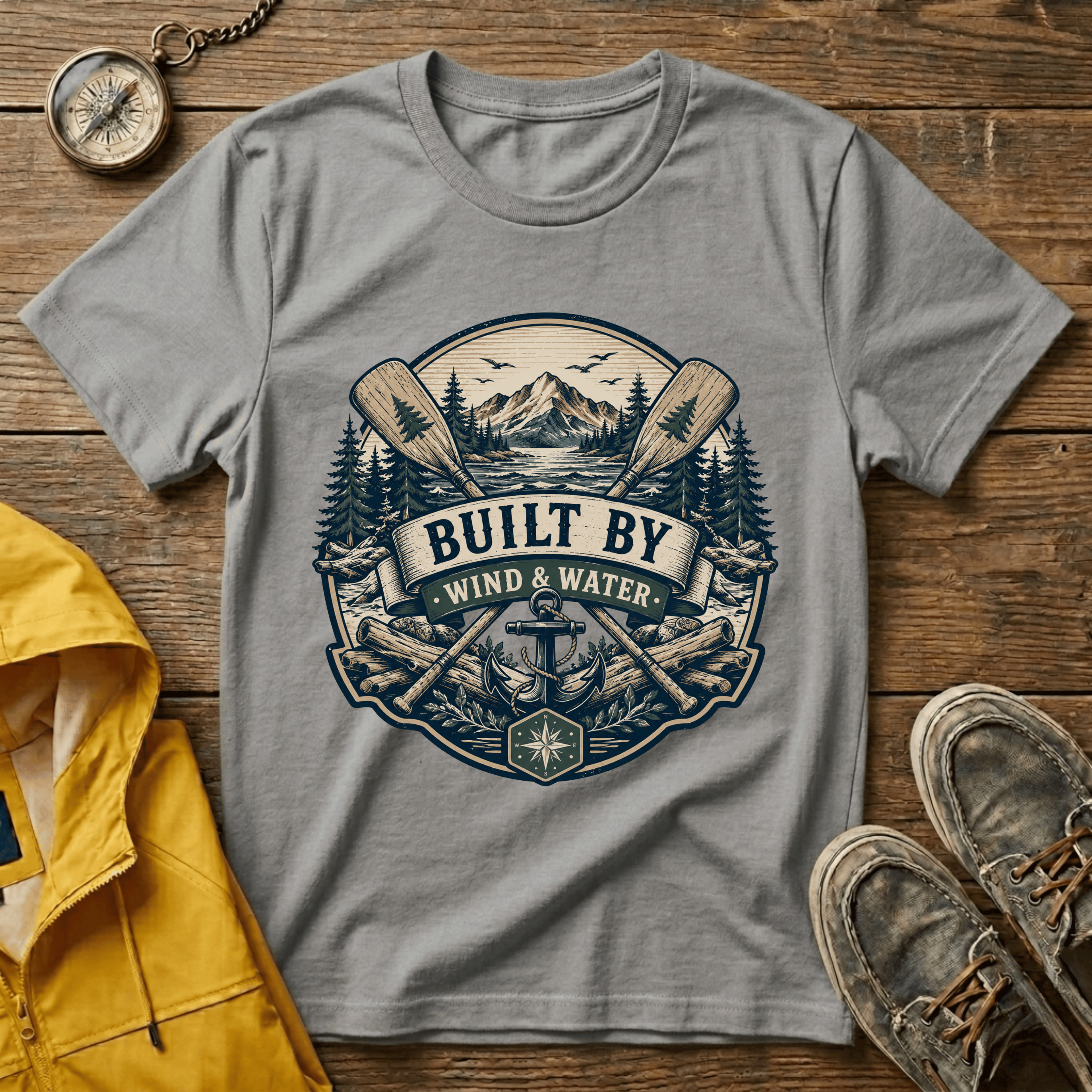 T-Shirt — "Built By Wind & Water" Vintage Outdoor Canoe Graphic