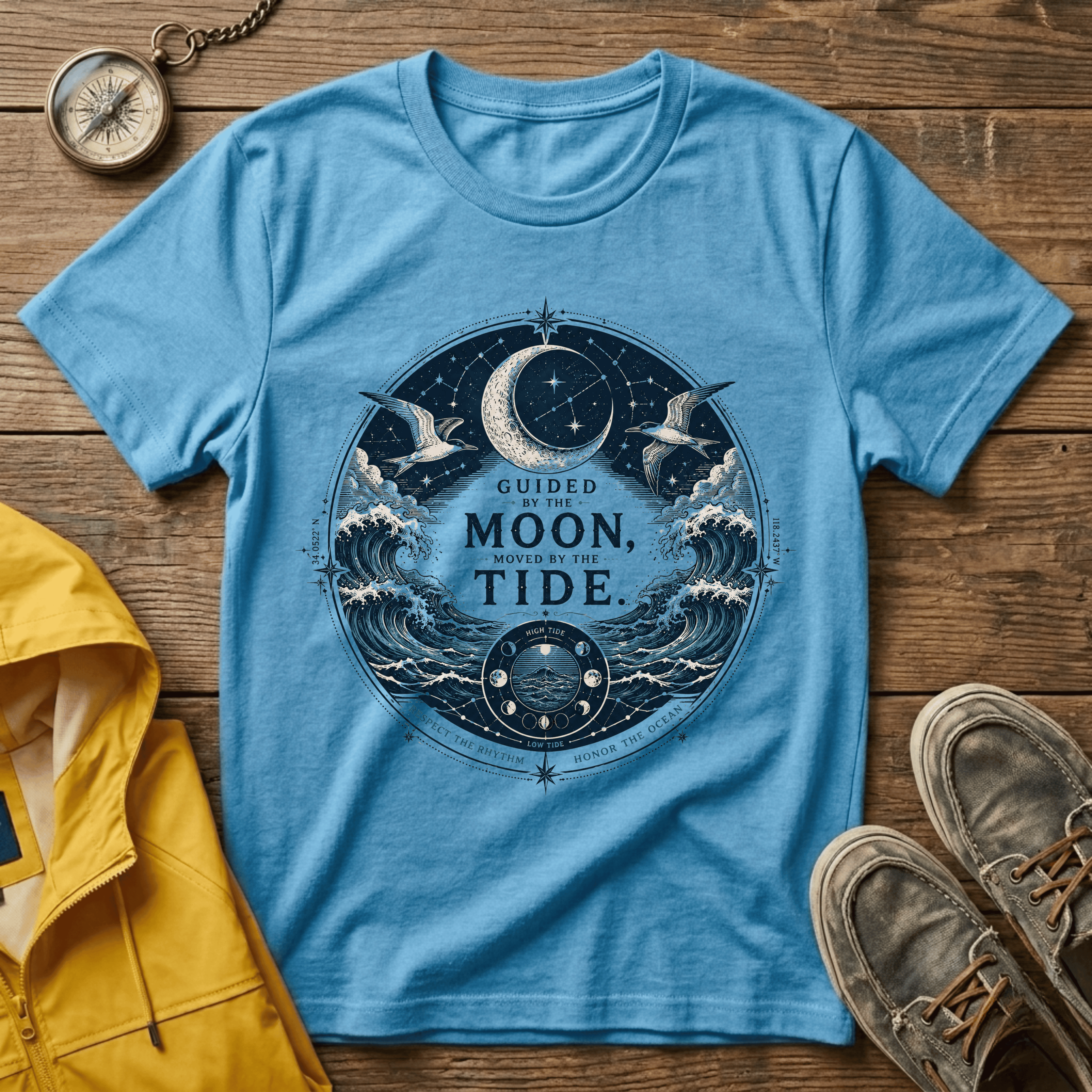 Moon Tide T‑Shirt — Guided by the Moon Nautical Celestial Graphic Tee
