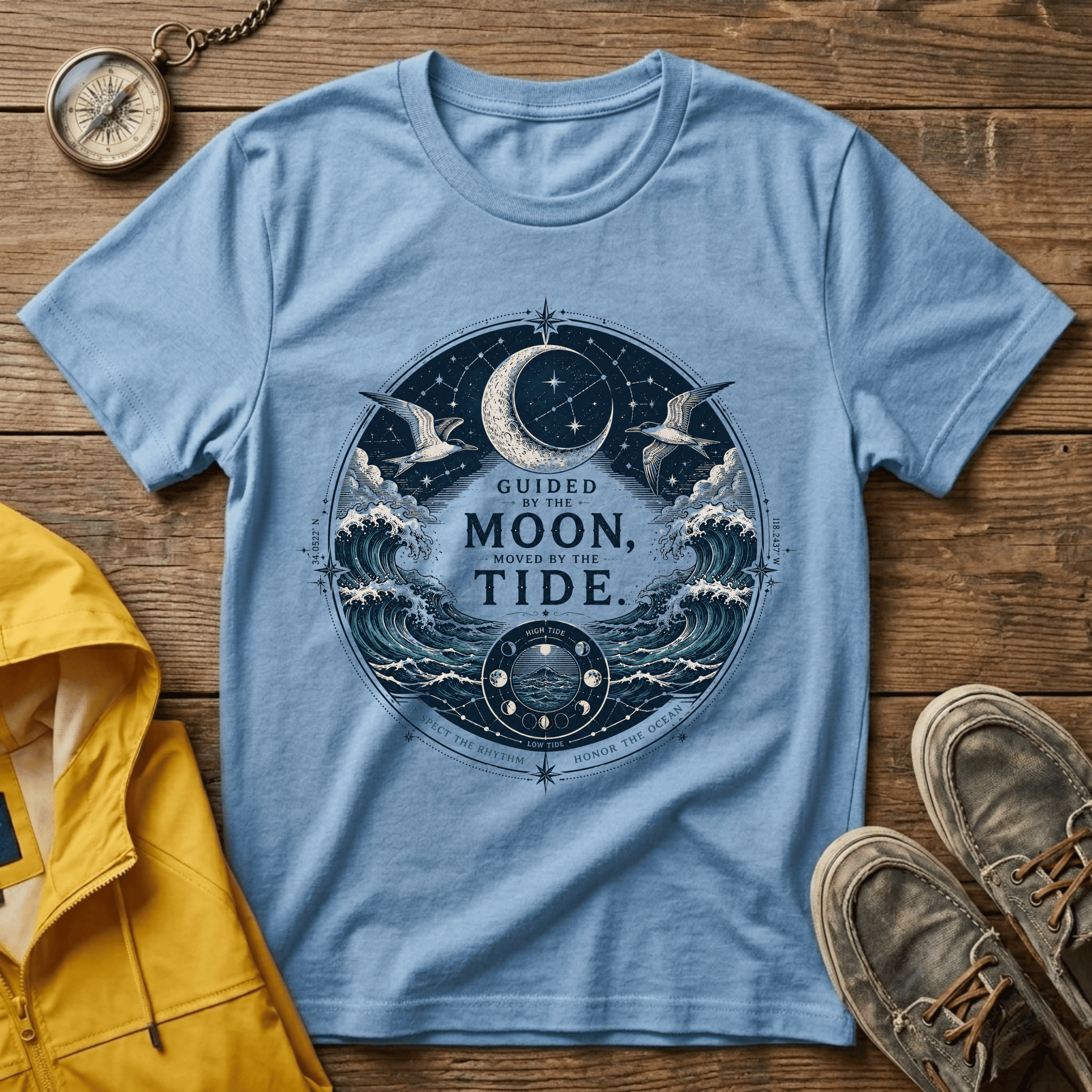 Moon Tide T‑Shirt — Guided by the Moon Nautical Celestial Graphic Tee