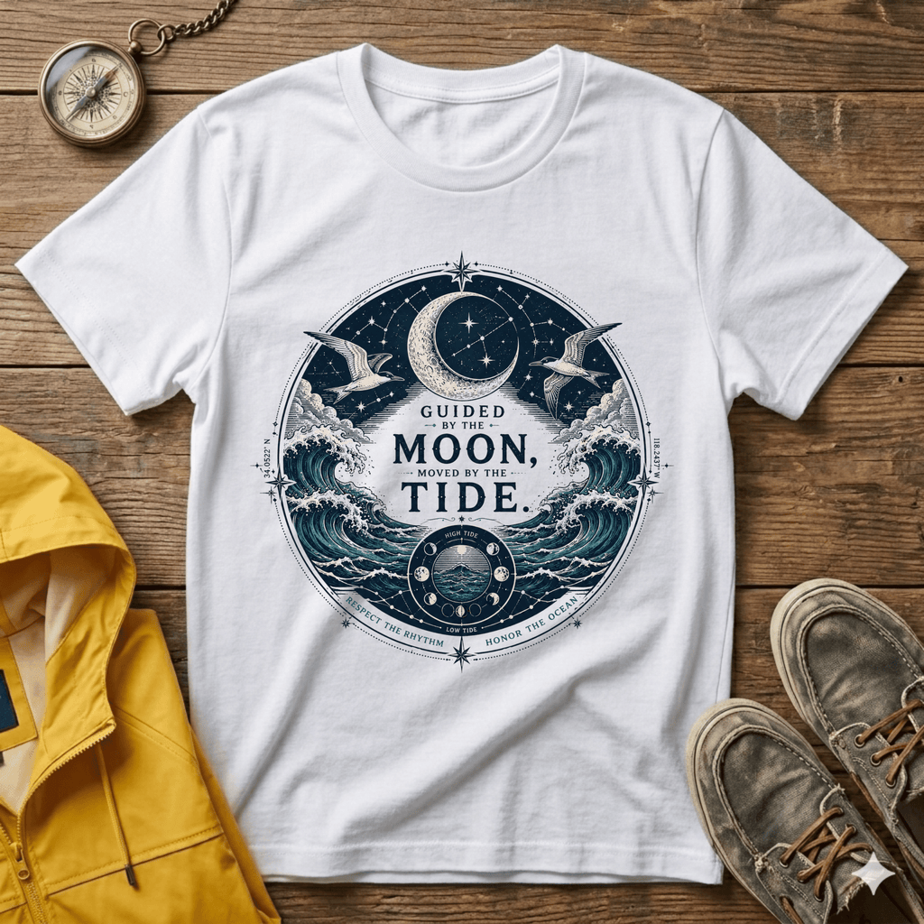 Moon Tide T‑Shirt — Guided by the Moon Nautical Celestial Graphic Tee
