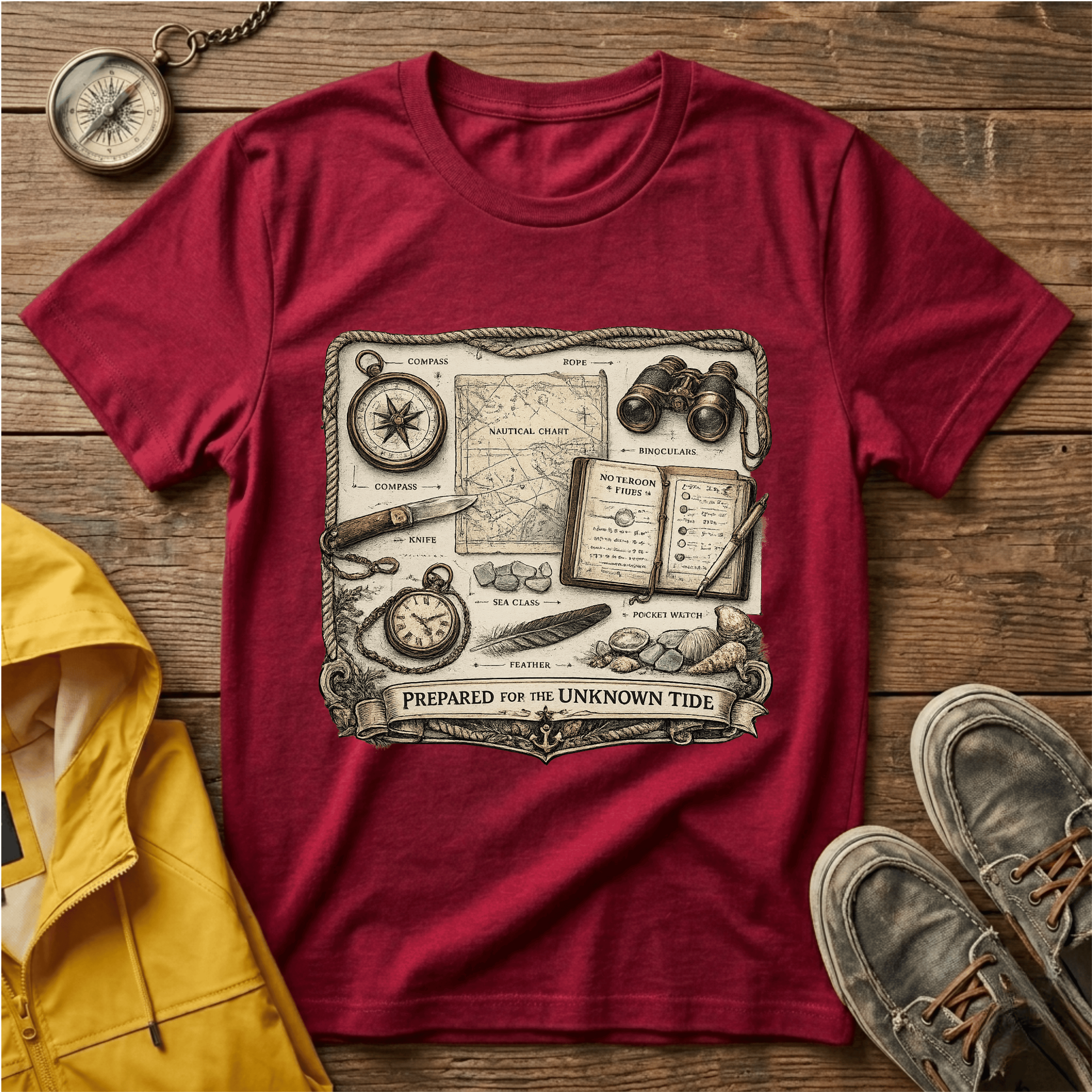 Nautical Explorer T-Shirt — Vintage Map, Compass & Binoculars Travel Graphic