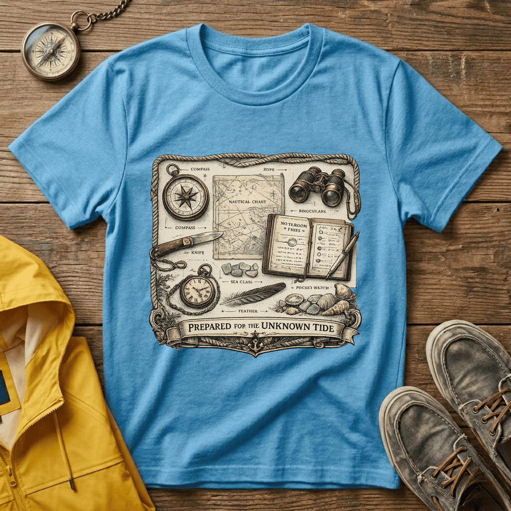 Nautical Explorer T-Shirt — Vintage Map, Compass & Binoculars Travel Graphic