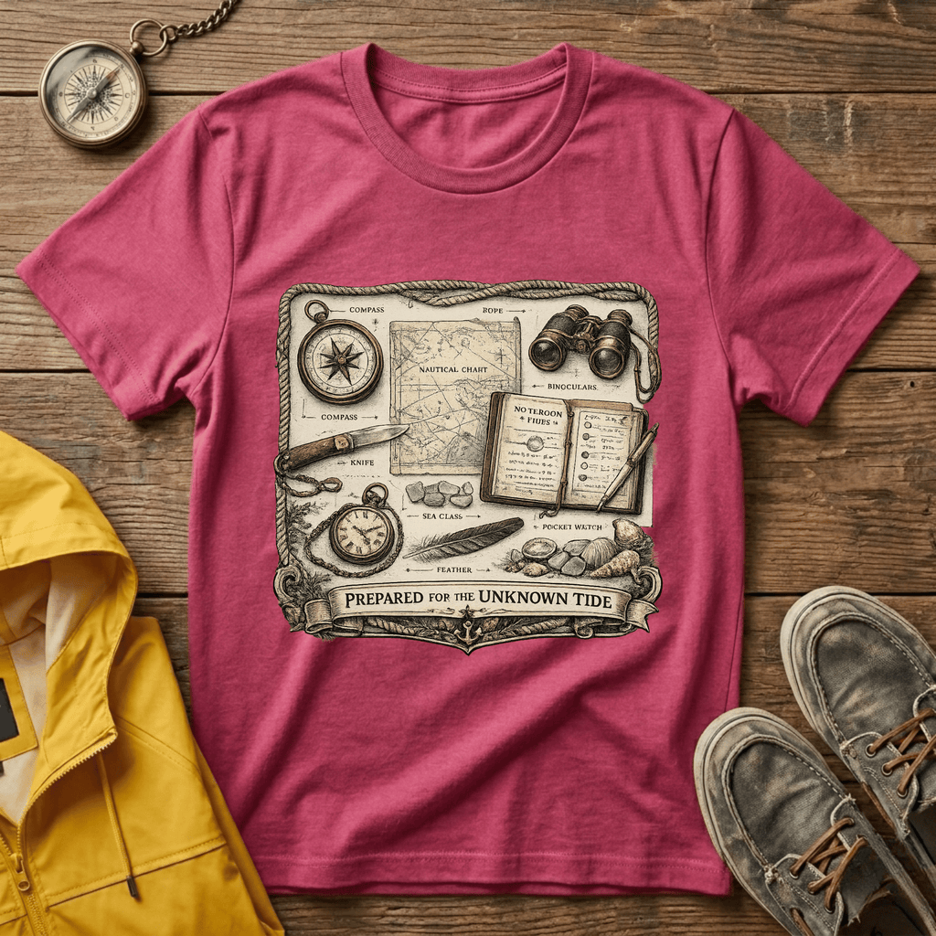 Nautical Explorer T-Shirt — Vintage Map, Compass & Binoculars Travel Graphic