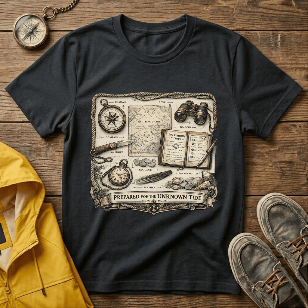 Nautical Explorer T-Shirt — Vintage Map, Compass & Binoculars Travel Graphic
