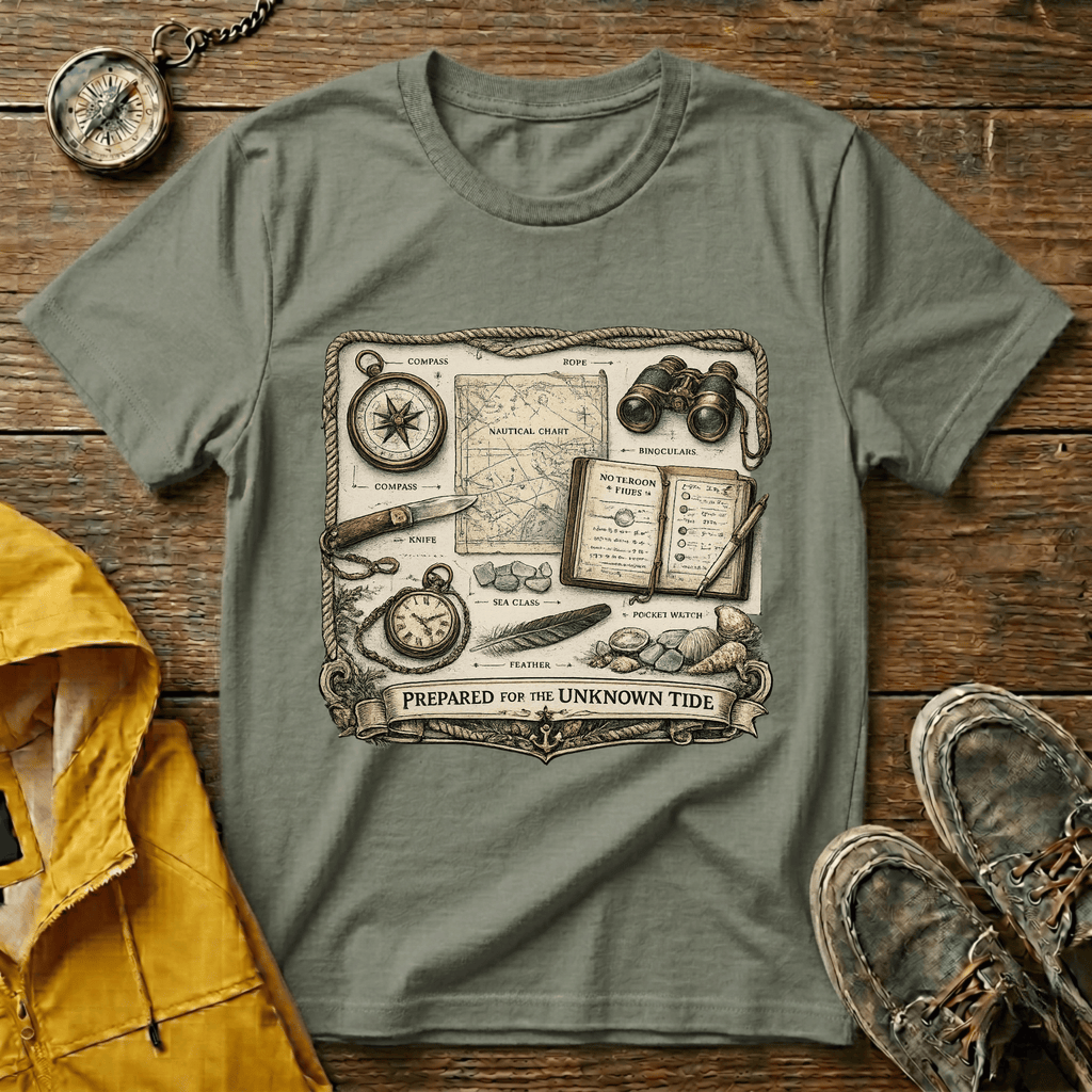 Nautical Explorer T-Shirt — Vintage Map, Compass & Binoculars Travel Graphic